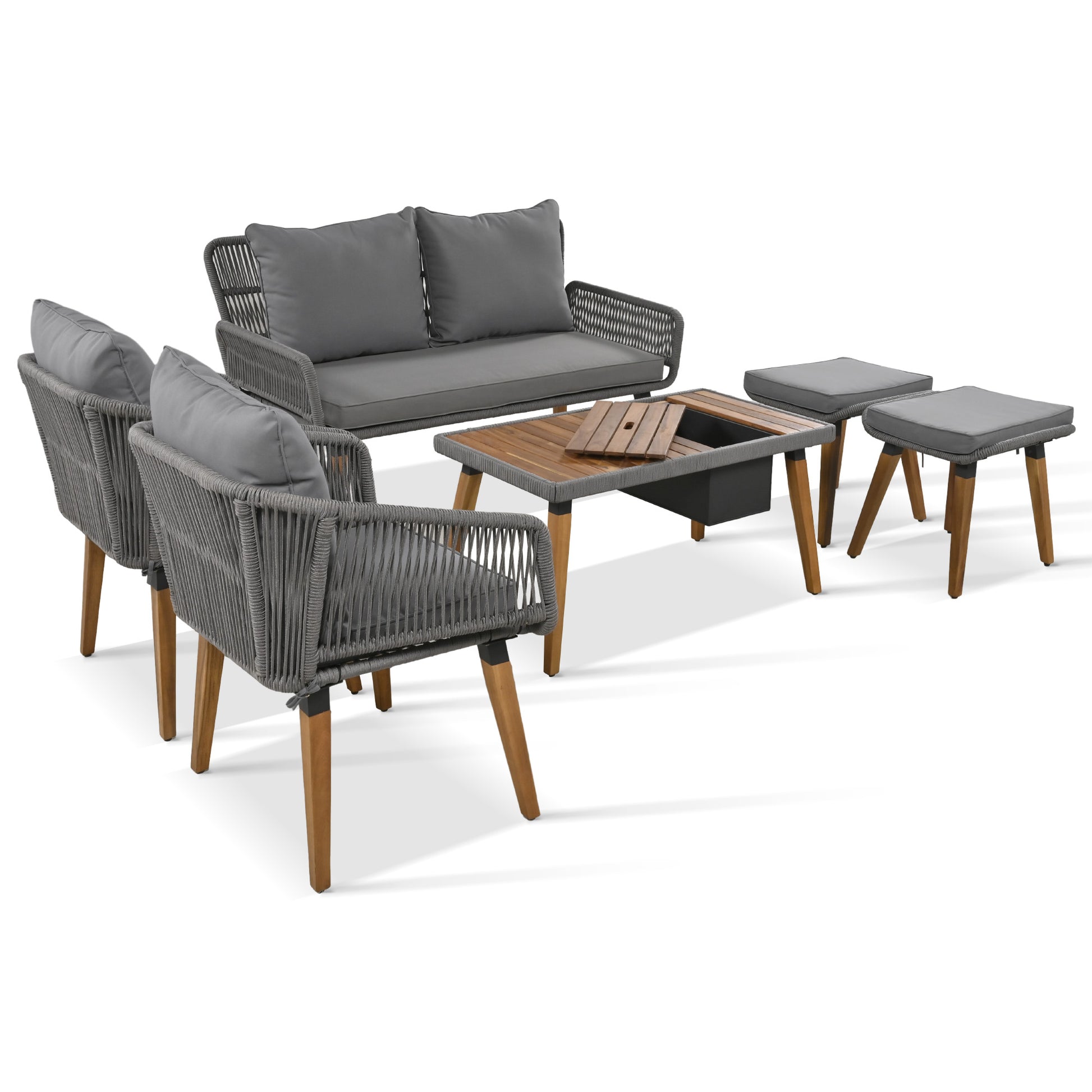 K&K 6 Piece Rope Patio Furniture Set, Outdoor Furniture With Acacia Wood Cool Bar Table With Ice Bucketdeep Seat Patio Conversation Set With Two Stools For Backyard Porch Balcony Grey Yes Complete Patio Set Grey Weather Resistant Frame Fade Resistant