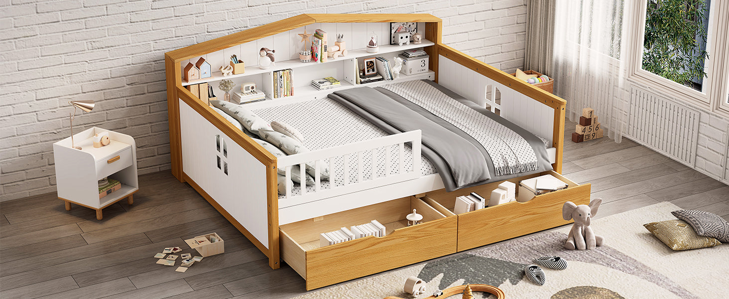 Full Size House Shape Daybed With Two Drawers And Bookcase Headboard Wooden Bed For Girls Boys Teens, No Box Spring Needed, Walnut And White Box Spring Not Required Full White Walnut Wood Bedroom Cute Pine Bed Frame Wood