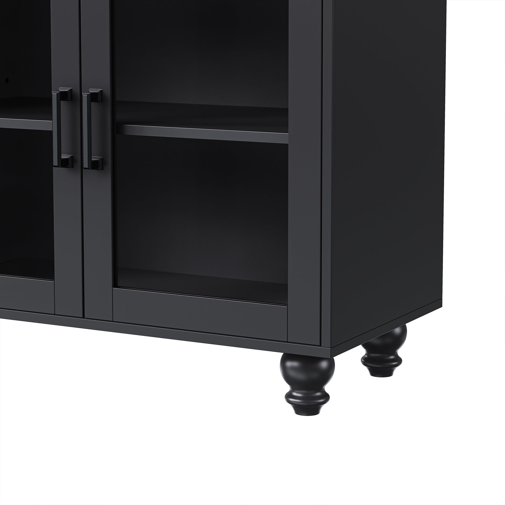 Farmhouse Tv Stand With Solid Wood Gourd Shaped Legs For Tvs Up To 70", Entertainment Center With Bookshelves & Tempered Glass Doors, Media Console With Adjustable Shelves, Living Room, Black Black