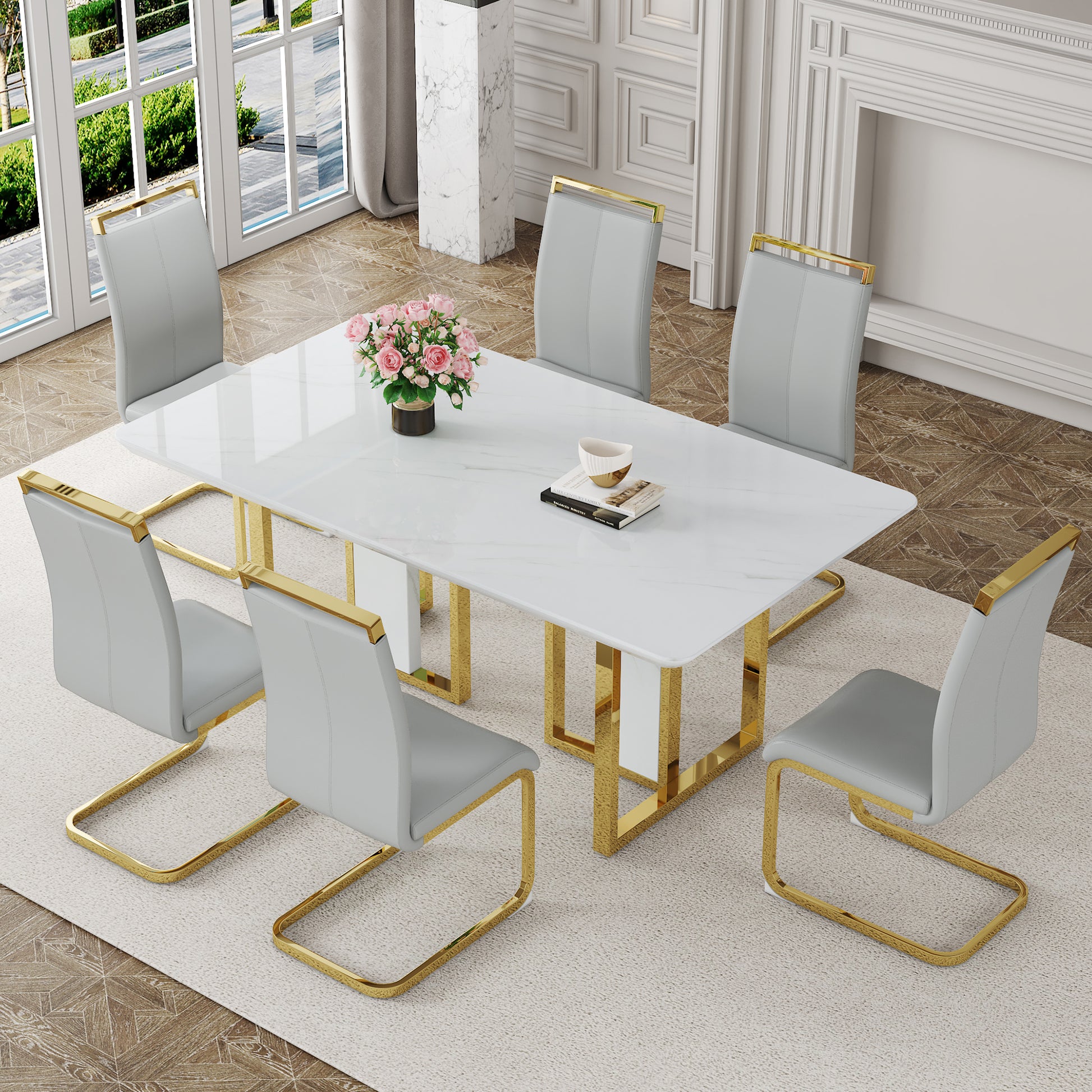 Table And Chair Set.67"X36" White Marble Pattern Mdf Dining Table Set With 6 Light Gray Pu Chairs.Mdf Sticker,White Marble Pattern Sticker,Gold C Tube Chair Legs,Suitable For Kitchen,Dining