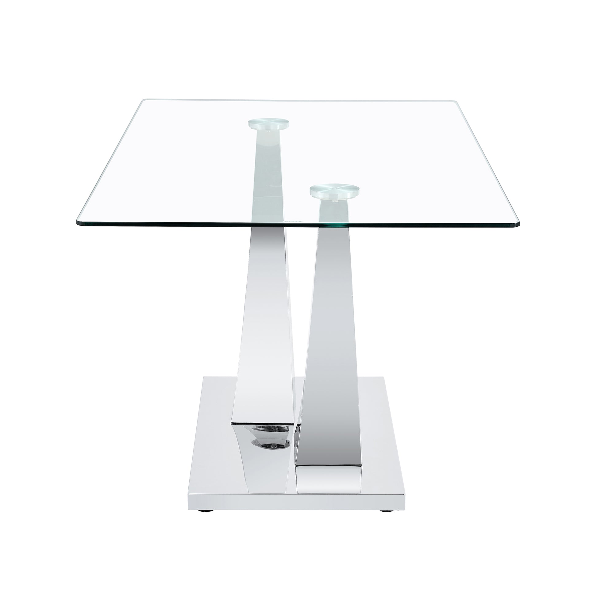 Table And Chair Set.Contemporary, Minimalist Rectangular Dining Table Featuring A Clear Tempered Glass Top And Sleek Silver Legs. Paried With Chairs Made Of Pu Material Cushion And Silver Metal Legs. Black Seats 8 Glass Metal