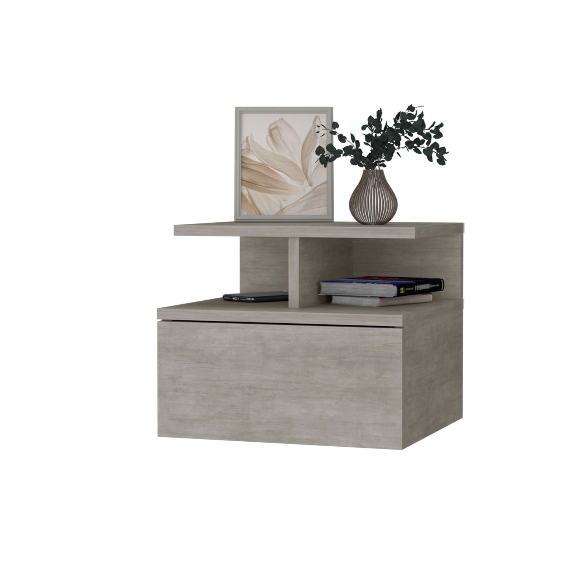 Augusta Floating Nightstand With 2 Tier Shelf And 1 Drawer Gray 1 Drawer Bedroom Contemporary Pine Shelving Pine Particle Board Engineered Wood