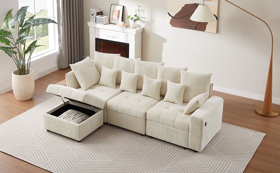 96.45"Sectional Sofa Modular Sofa Couch With Three Usb Ports, A Removable Storage Ottoman And Five Back Pillows For Living Room, Beige Beige Foam Chenille 4 Seat