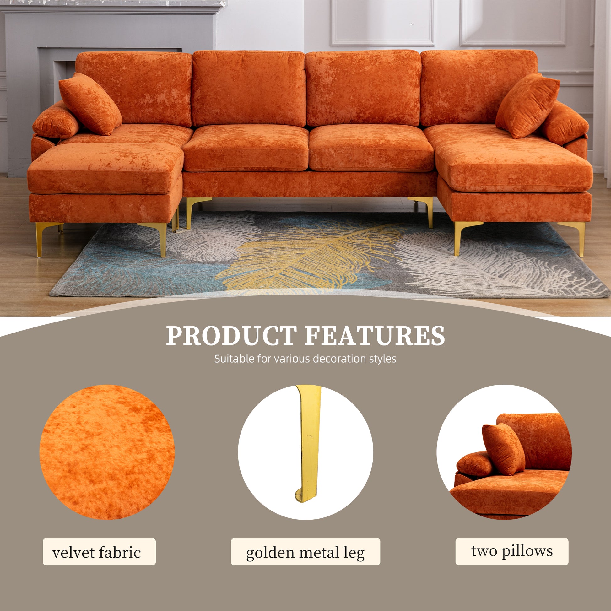 Coolmore U Shape Sectional Sofa With Ottomanreversible Sofa Couch For Living Room,Spacious Furniture,Durable Couch Removable And Machine Washable Cover Orange Velvet Orange Primary Living Space Foam Velvet 4 Seat