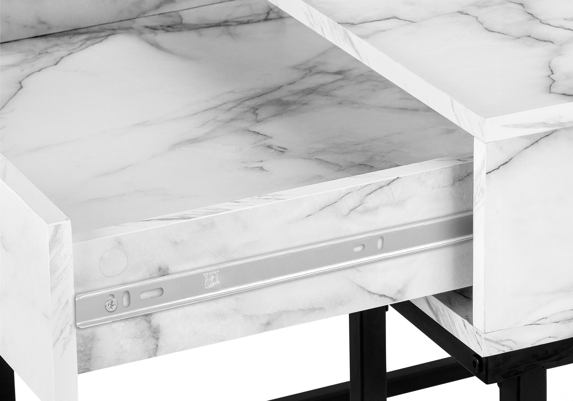 Computer Desk, Home Office, Laptop, Storage Drawers, 48"L, Work, White Marble Look Laminate, Black Metal, Contemporary, Modern White Particle Board