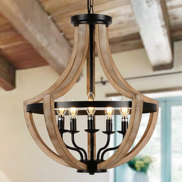 19" Farmhouse Chandelier Light Fixtures, 5 Light Dining Room Light Fixtures Over Table, Solid Wood Modern Chandeliers For Dining Room Living Room Kitchen Island Bedroom Foyer, Height Adjustable, Brown Wood Wood Metal