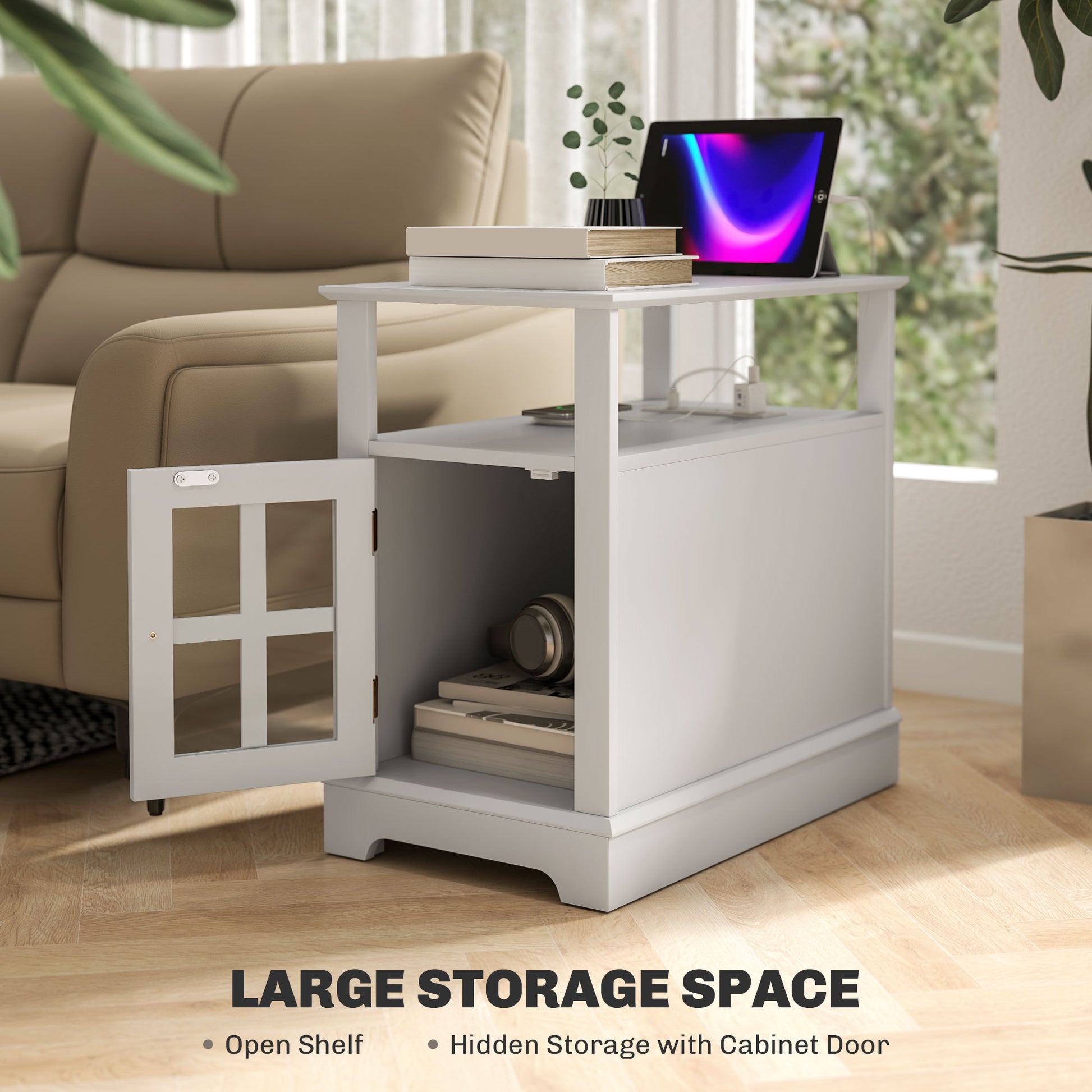 Homcom End Table With Charging Station, Narrow Side Table With Usb Ports And Outlets, Small Table With Hidden Storage And Open Shelf For Living Room, White White Mdf