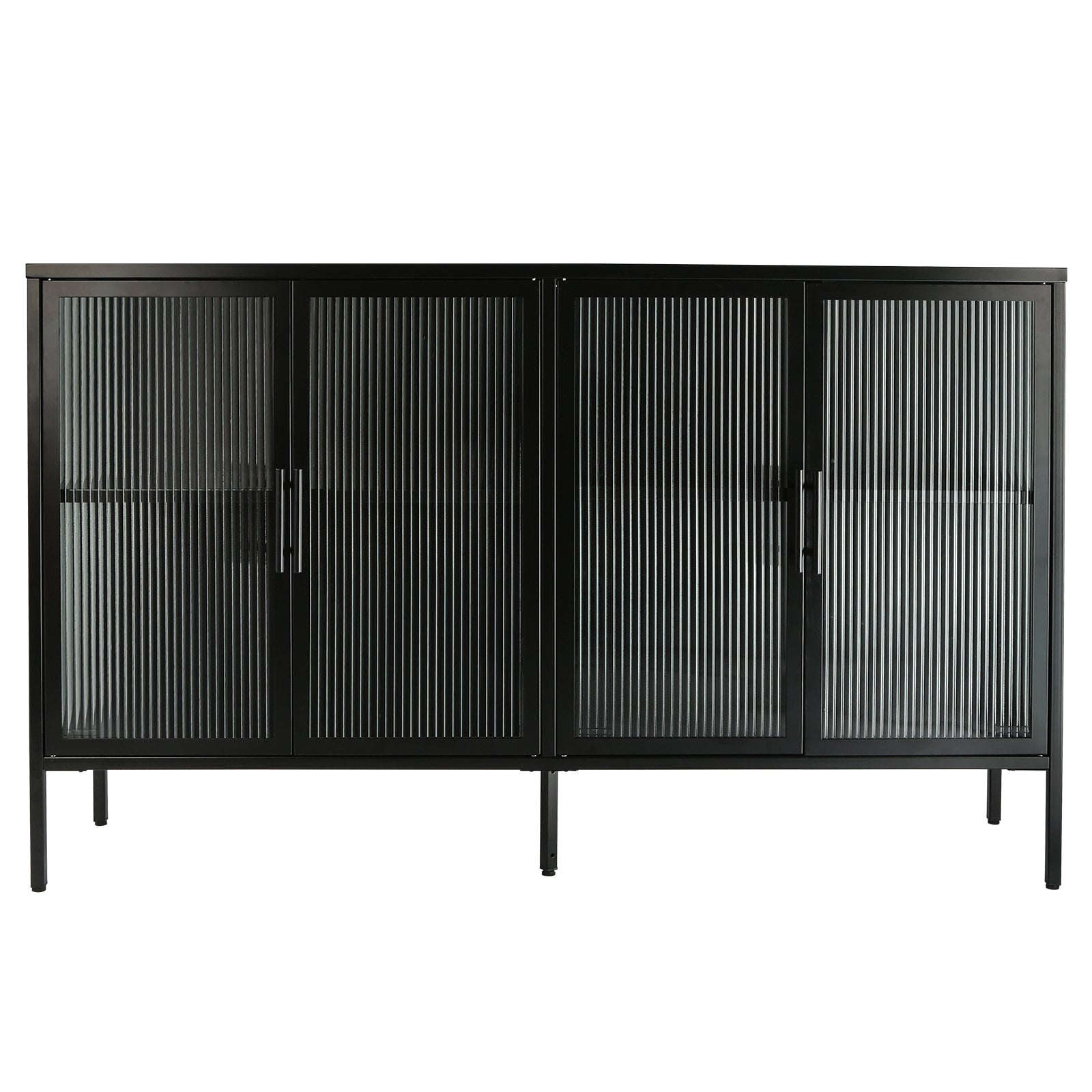 Stylish 4 Door Tempered Glass Cabinet With 4 Glass Doors Adjustable Shelf And Feet Anti Tip Dust Free Fluted Glass Kitchen Credenza Black Black Tempered Glass Sheet Metal Plastic