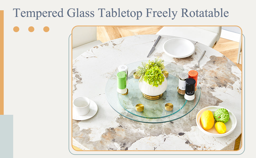 Double Layer Rotatable Round Glass.Golden Aluminum Plate,The Rotatable Design Makes It Convenient To Retrieve And Place Items.The Upper Glass Has A Diameter Of 20 Inches,The Lower Glass15 Inches.
