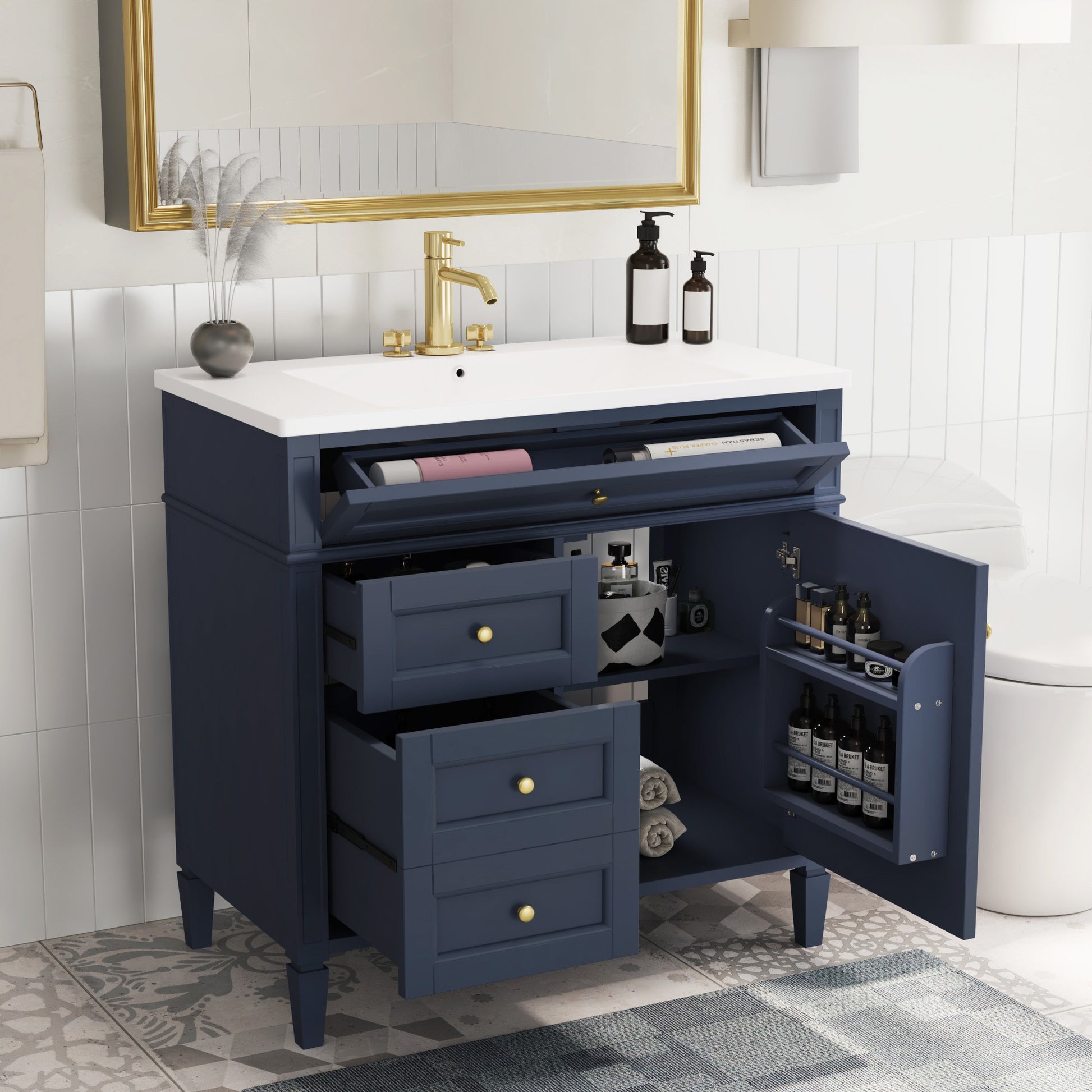 36'' Bathroom Vanity With Top Sink, Modern Bathroom Storage Cabinet With 2 Drawers And A Tip Out Drawer, Single Sink Bathroom Vanity 3 Blue 1 1 Adjustable Hinges Bathroom Freestanding Solid Wood Mdf Painted