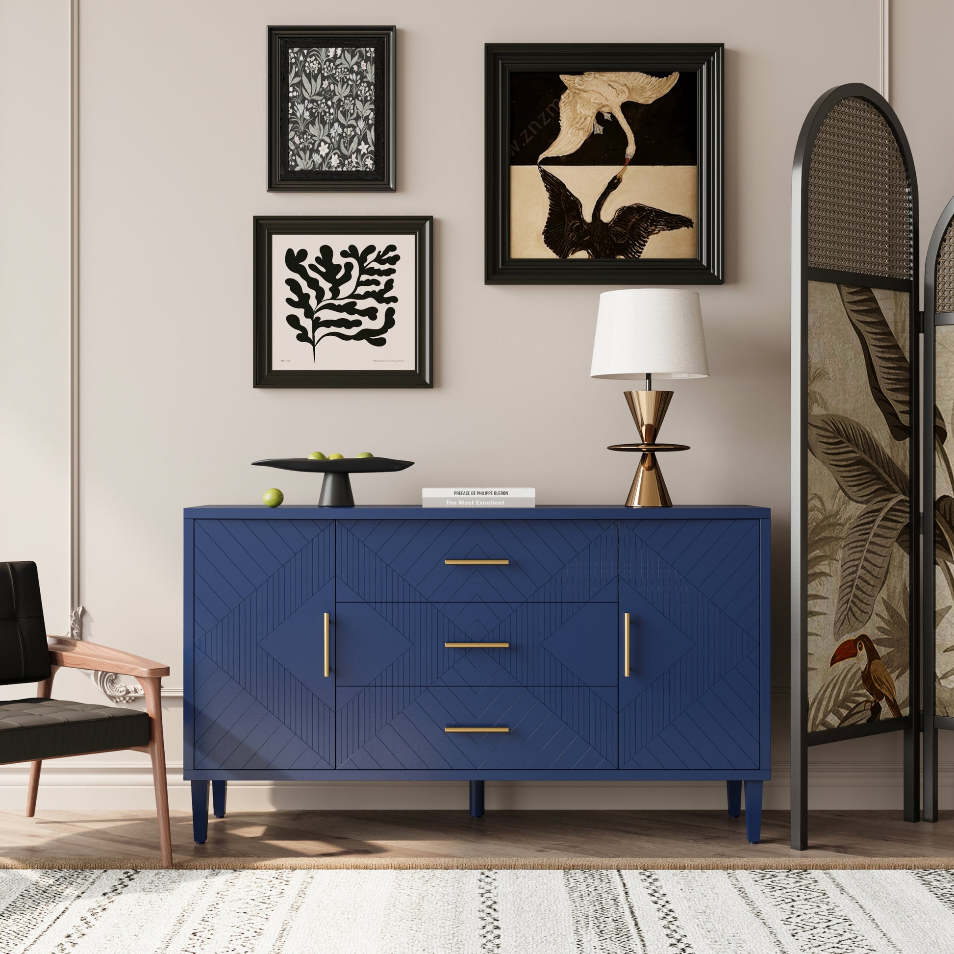 Stylish And Functional 2 Door 3 Drawer Cabinet With Carved Effect, For Bedroom,Living Room,Office,Easy Assembly, Navy Blue Navy Blue Primary Living Space Drawers Included Mdf