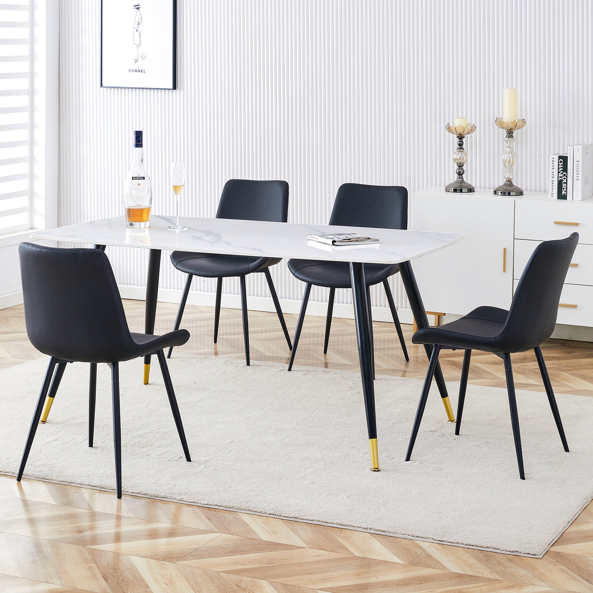 Table And Chair Set, White Imitation Marble Texture Rock Board Table Top, Black Metal Table Legs, Stable And Beautiful. Modern Simple Dining Table, Comfortable Seating. White Black Seats 4 Metal