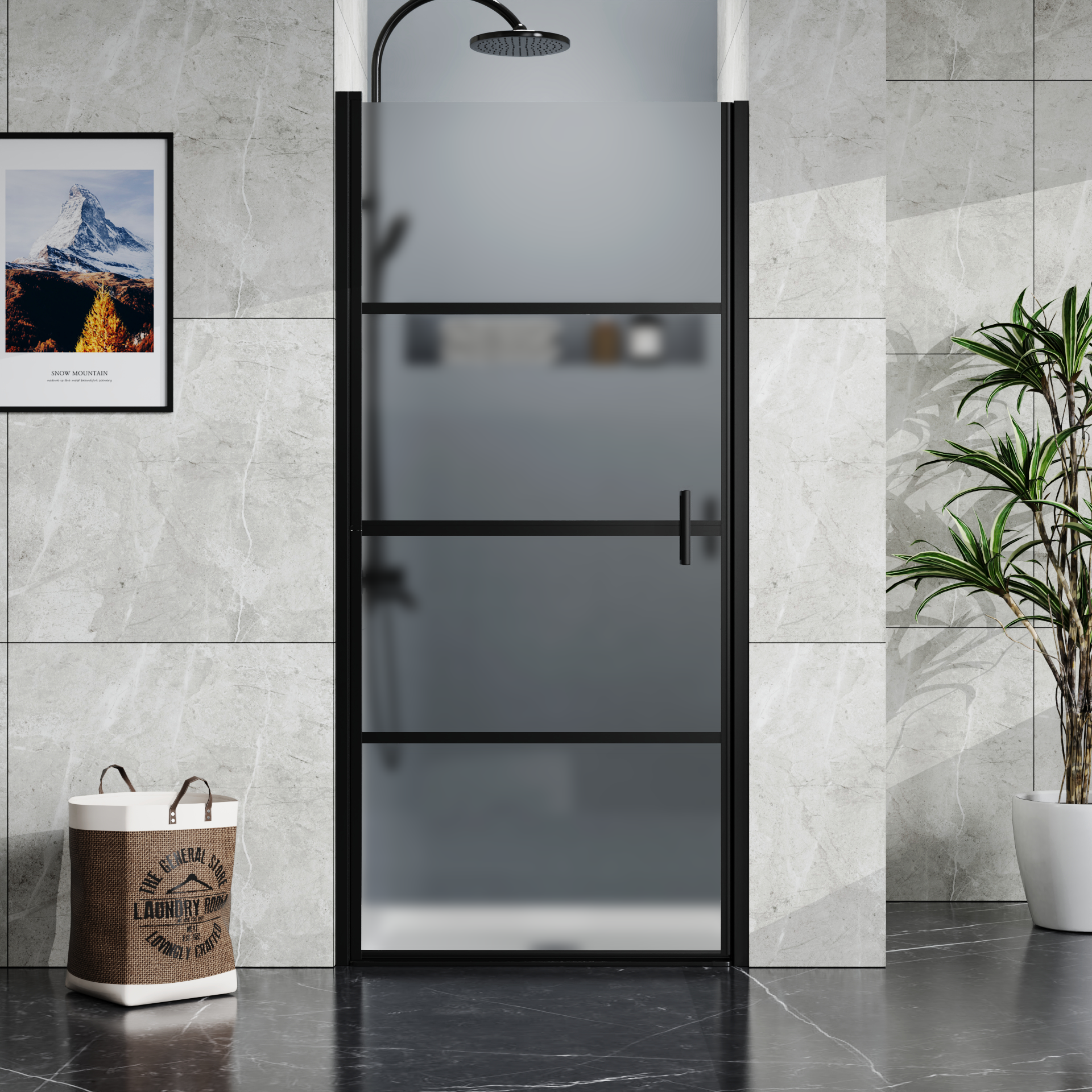 Goodyo Framed Hinged Shower Door,34"X72" Swing Tempered Glass Door, Black, Frosted Black Glass