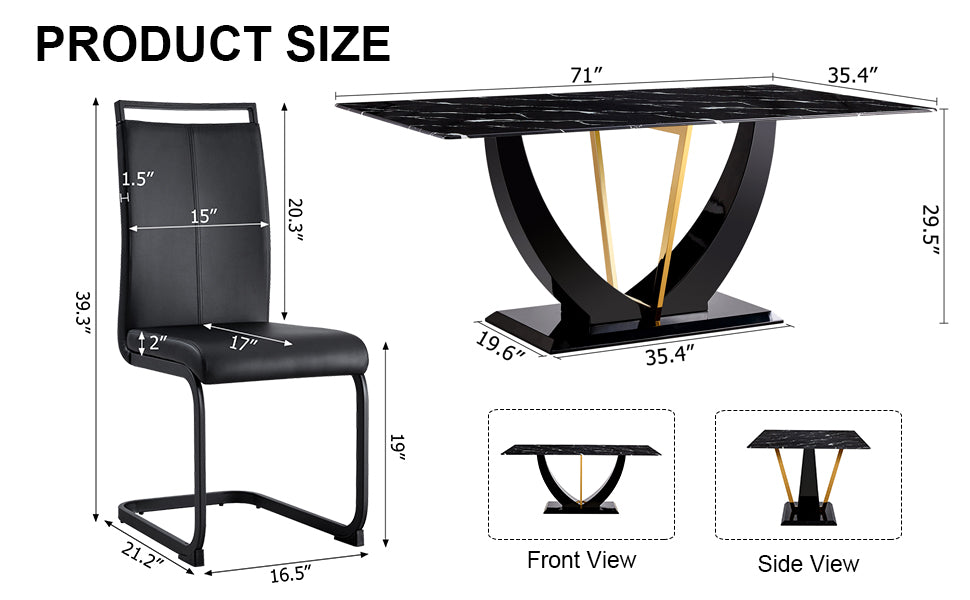 Table And Chair Set, Modern Dining Table, Patterned Table Top And Black Mdf Table Legs, Soft And Comfortable Dining Chair, Perfect For Dinner, Meetings, Home And Office Decor Black Mdf Glass