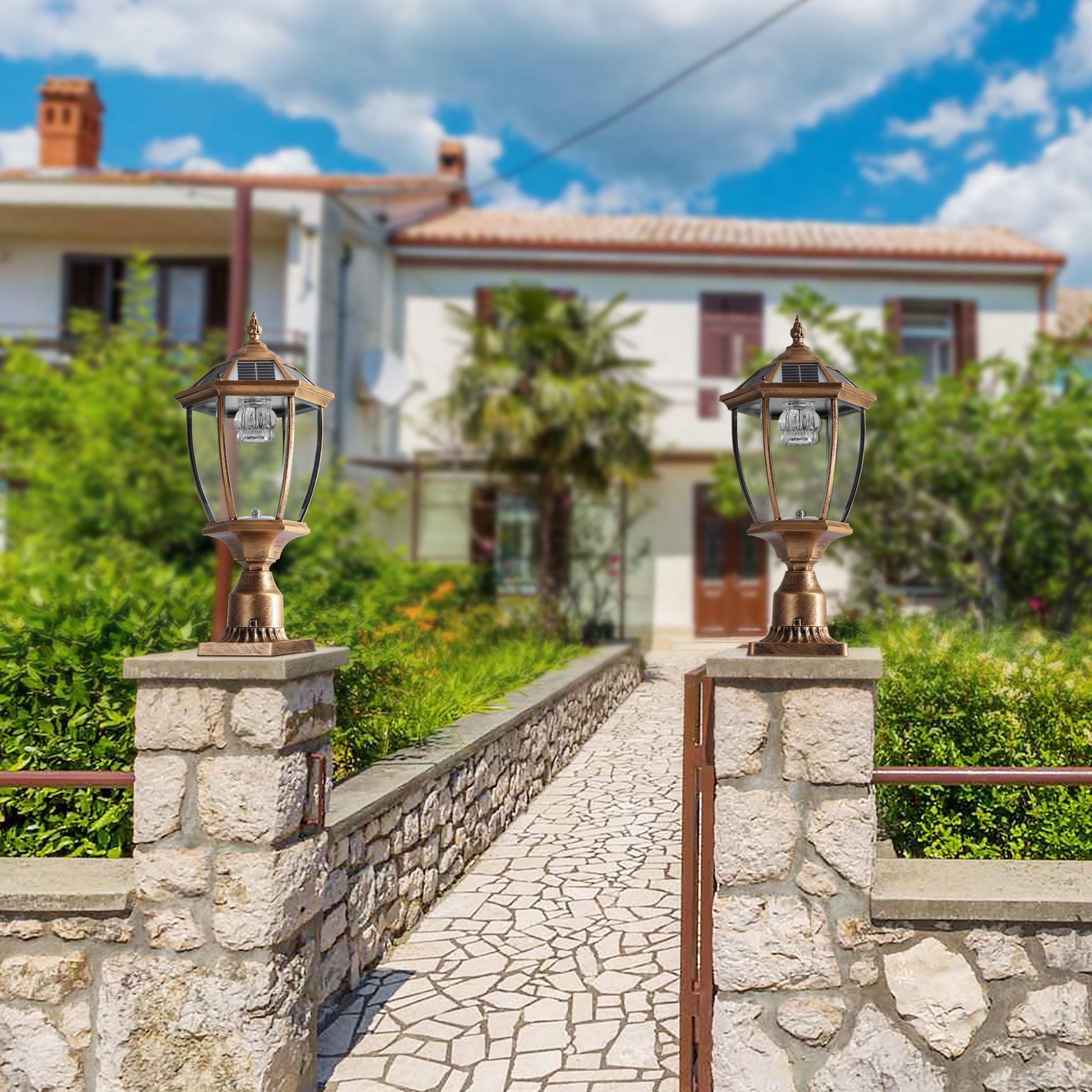 Retro Gold Solar Column Headlights With Dimmable Led 2 Pack Bronze Glass Aluminum