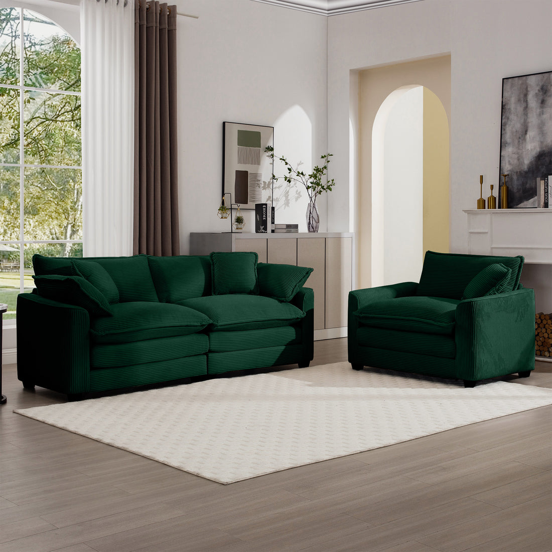 Modern Living Room Sofa Two Piece Set, Suitable For Living Room And Bedroom Sofa Set, Consists Of A Single Seat And A 3 Seater Sofas, Green Corduroy Green Corduroy 3 Seat