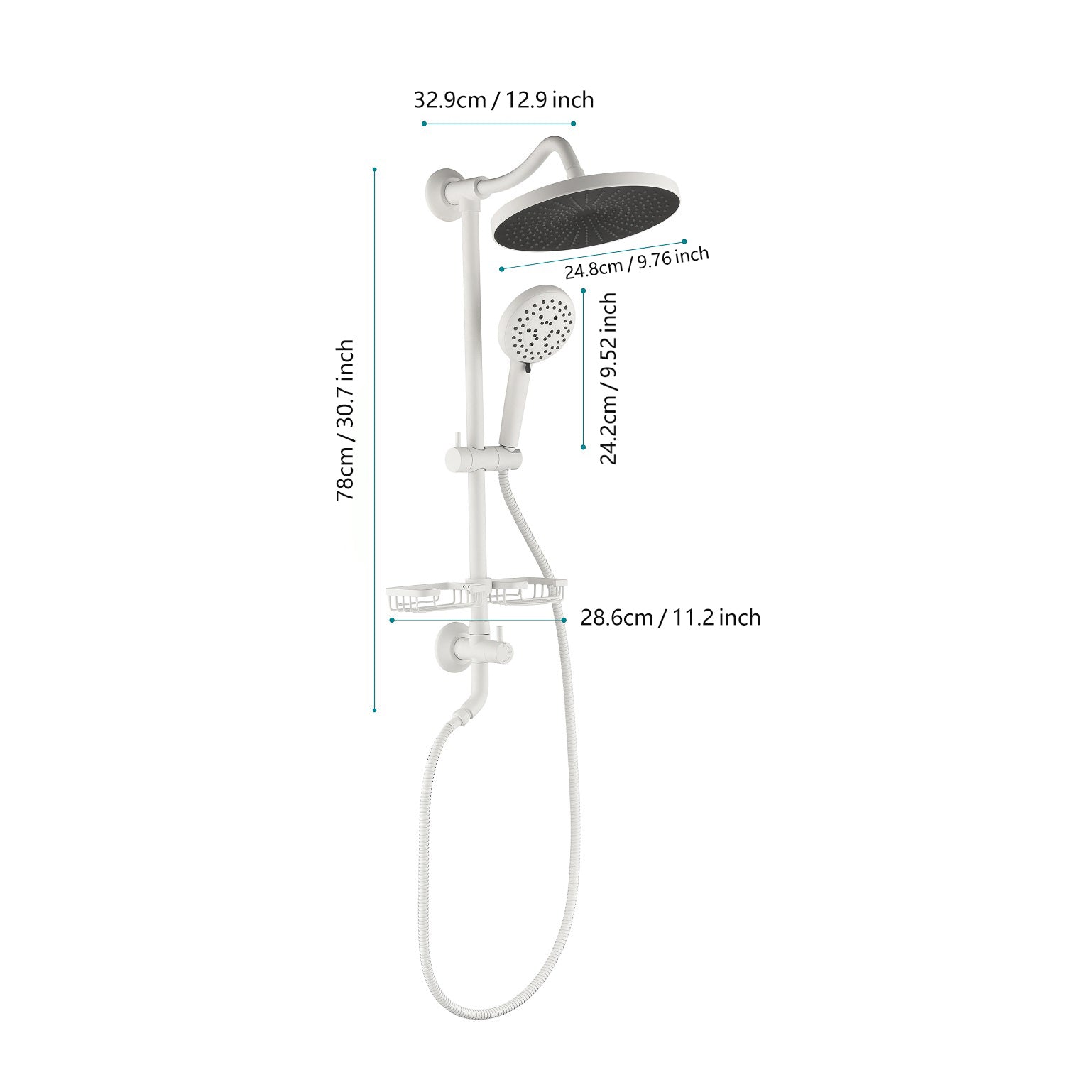 Showerspas Shower System, With 10" Rain Showerhead, 4 Function Hand Shower, Adjustable Slide Bar And Soap Dish White Brass,Stainless Steel