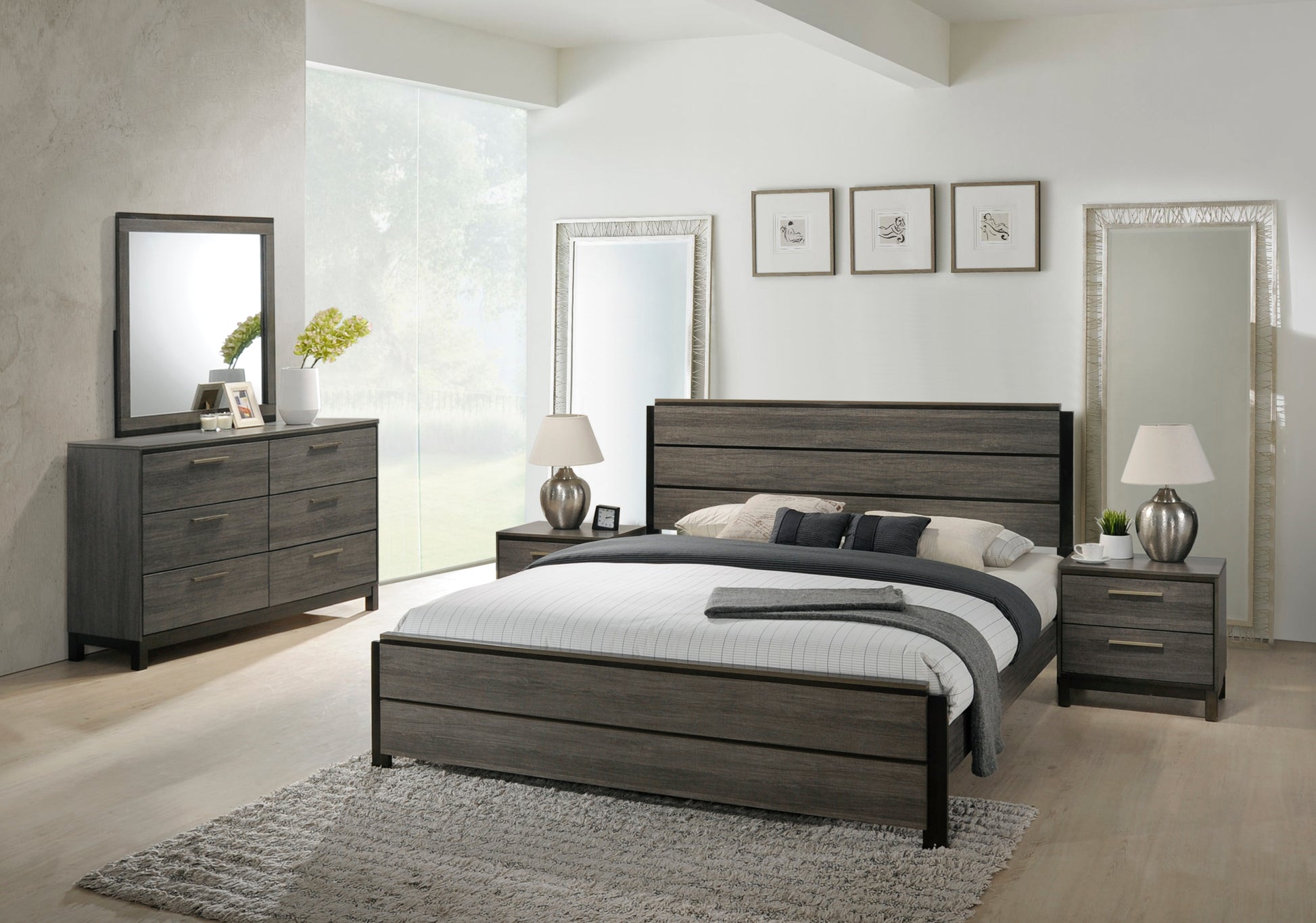 Ioana Antique Grey Finish Wood 5 Piece Queen Size Bedroom Set, Dresser