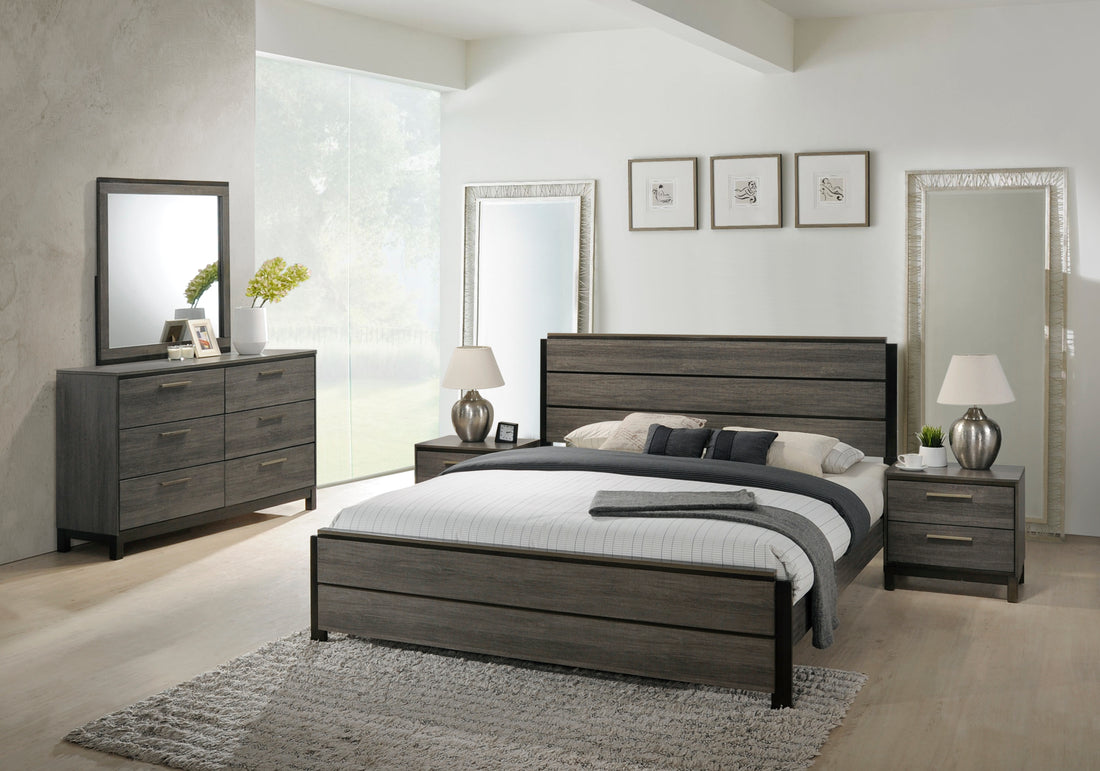 Ioana Antique Grey Finish Wood 5 Piece Queen Size Bedroom Set, Dresser, Mirror, 2 Night Stands Box Spring Required Queen Gray Wood Gray 5 Piece Set Bedroom Bed Included,Dresser Included,Mirror Included,Nightstand Included Contemporary,Modern Rubberwood