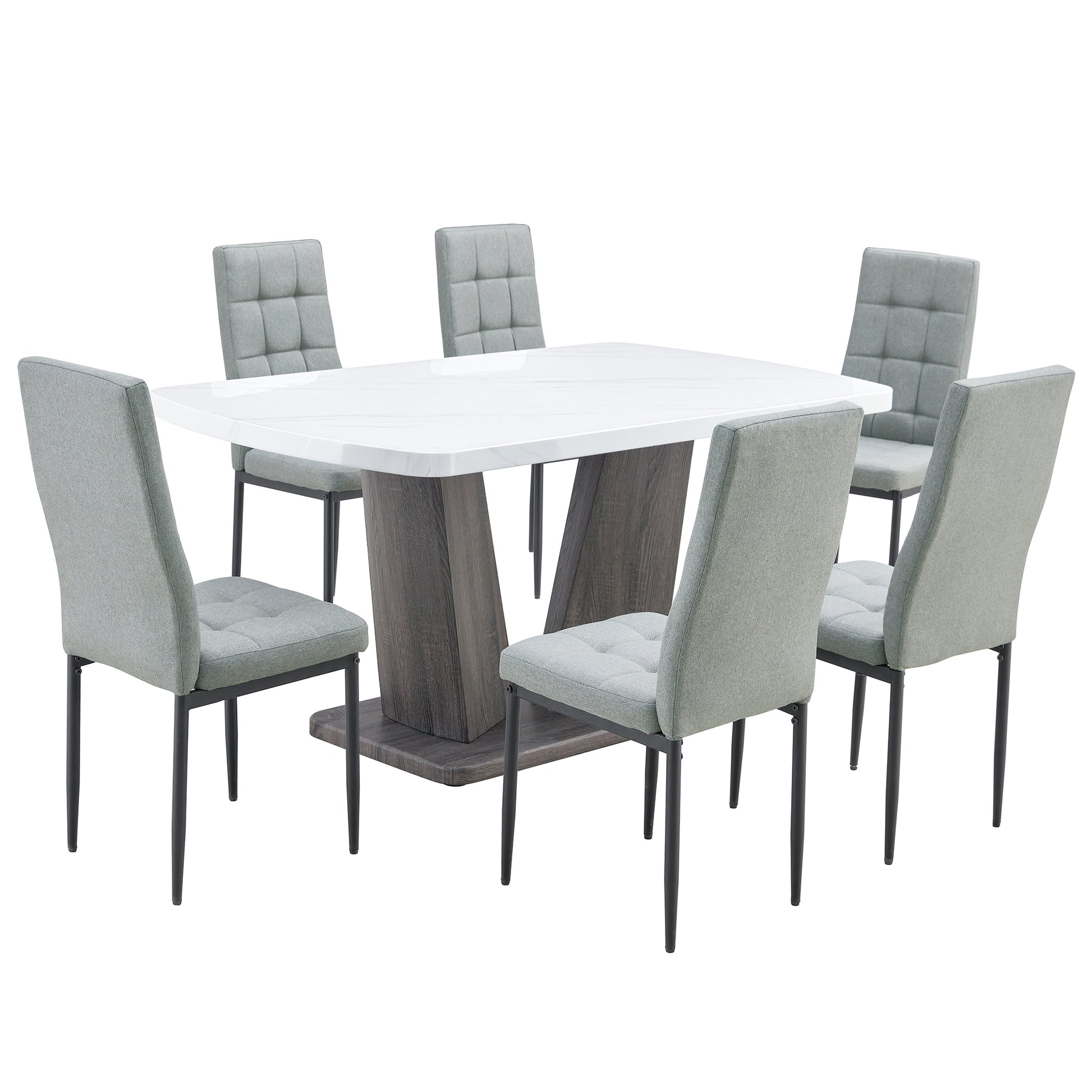 Modern Dining Table Set For 6, 7 Piece Dining Set, 63" Rectangle Kitchen Table With 6 Upholstered Chairs, 1.8" Thickness Tabletop And V Shaped Table Legs, White Faux Marble Dining Set For Kitchen Room Metal White Gray Dining Room Modern Rectangular Mdf