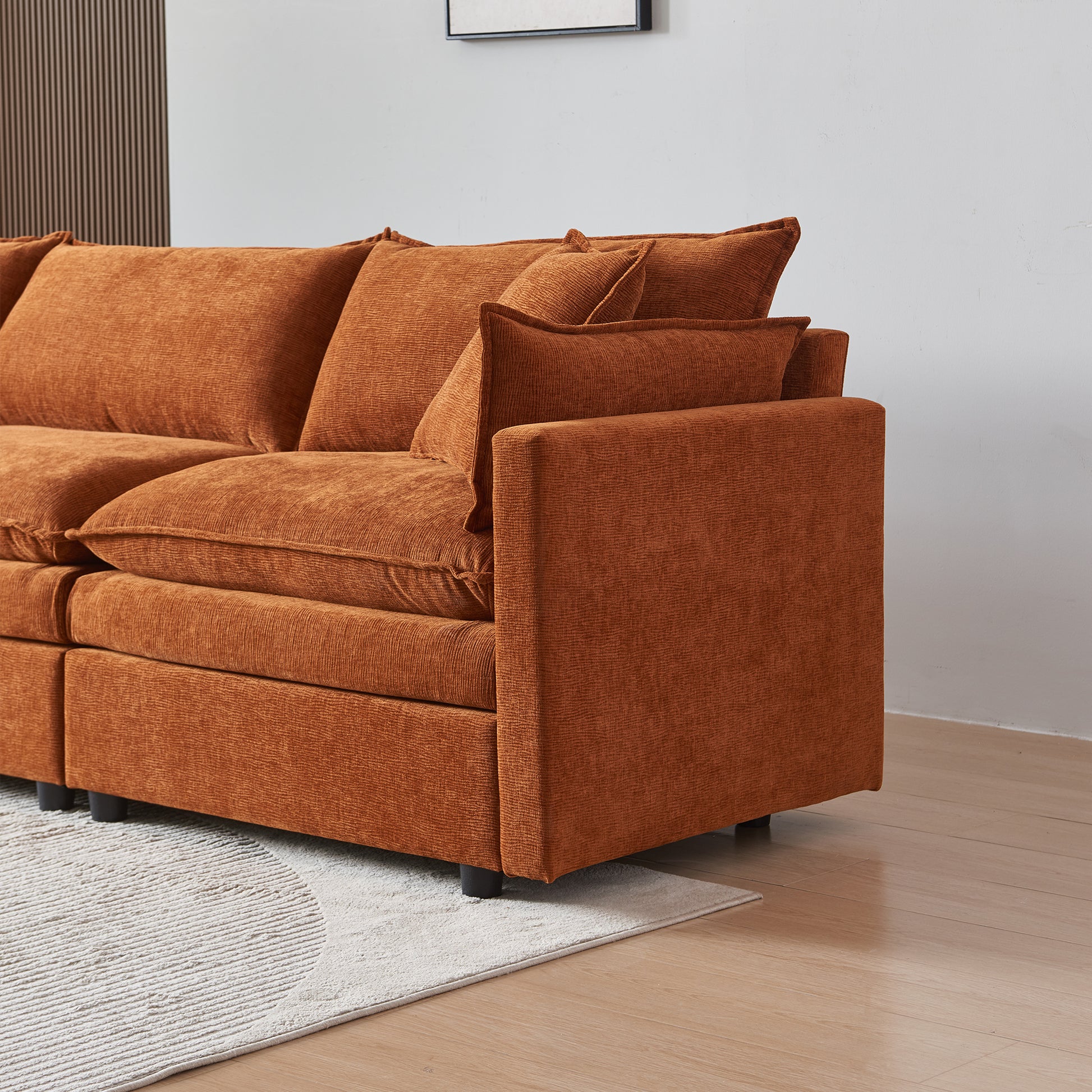 Modular L Shaped Sectional Sofa With Ottoman, Chenille Fabric Sofa Couch, Comfy Upholstered Furniture For Living Room, Apartment, Studio, Office Orange Wood Medium Soft Foam Chenille 4 Seat