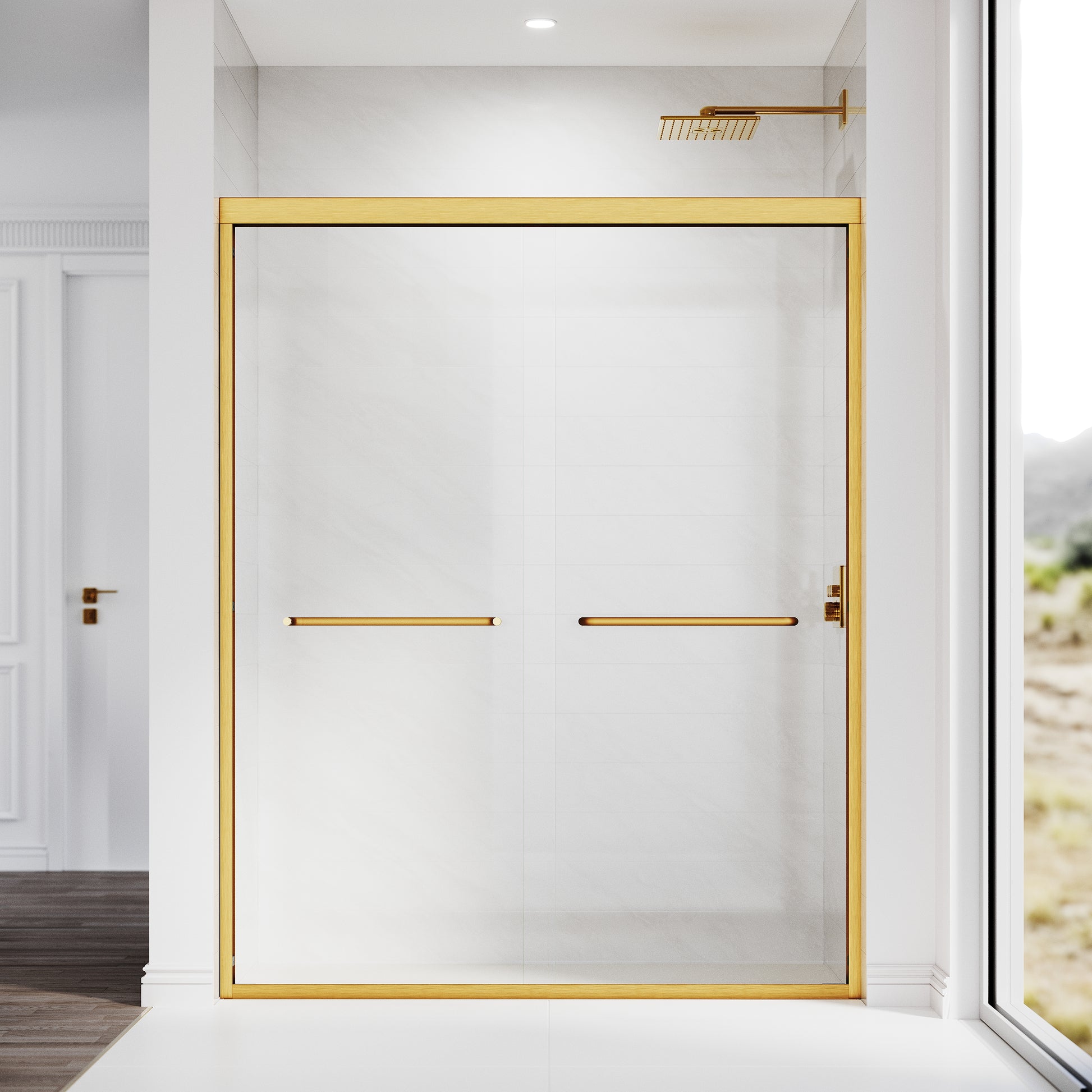 Sliding Shower Glass Door 44 48 In. W X 72 In. H, Adjustable Semi Frameless Shower Door, Certified Thick Clear Clear Tempered Glass, 304 Stainless Steel Handles, Brushed Gold Brushed Gold Aluminum