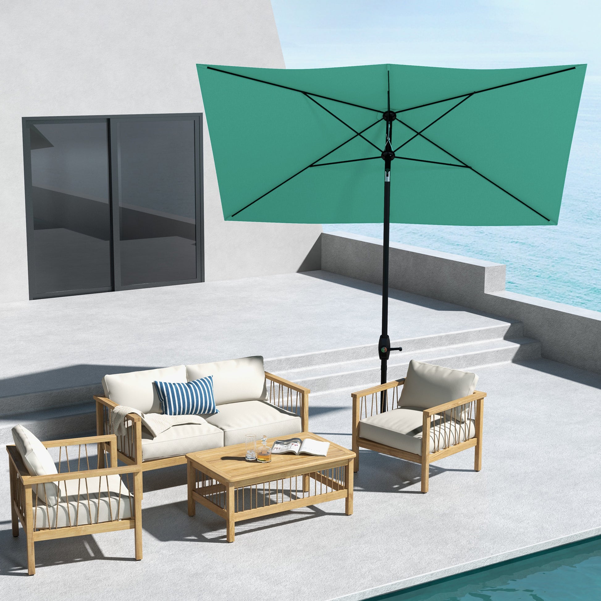 Outsunny 6.5' X 10' Rectangular Market Umbrella, Patio Outdoor Table Umbrella With Crank And Push Button Tilt, Teal Green Steel Outsunny 6.5' X 10' Rectangular Market Umbrella, Patio Outdoor Table Umbrella With Crank And Push Button Tilt, Teal Green Steel