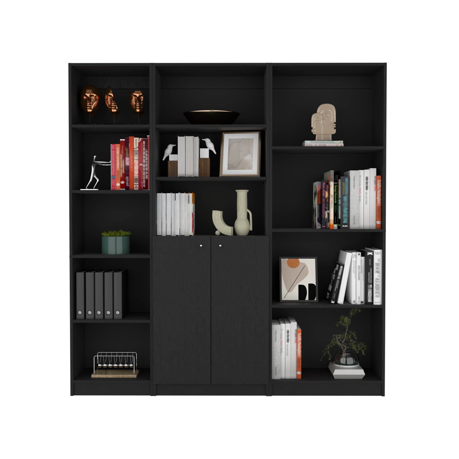 Poole 3 Piece Home Bookcase Set, 67" Wide With 12 Shelves And Two Door Cabinetliving Room Set Set Black Black Particle Board