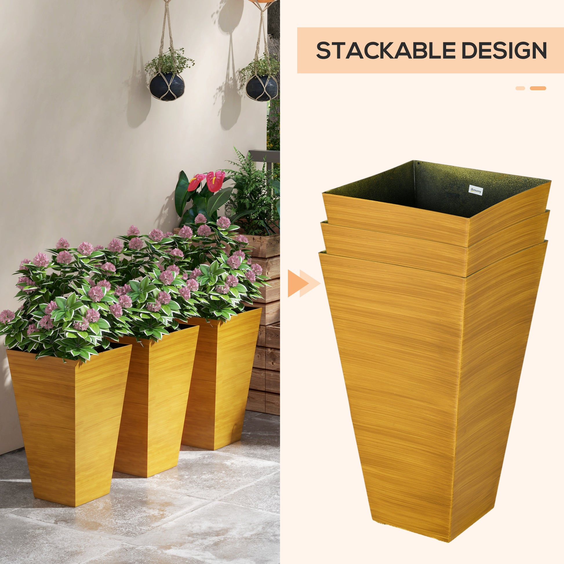 Outsunny 28" Tall Outdoor Planters, Set Of 3 Large Taper Planters With Drainage Holes And Plug, Faux Wood Plastic Flower Pots For Outdoor, Indoor, Garden, Patio, Tan Brown Polypropylene