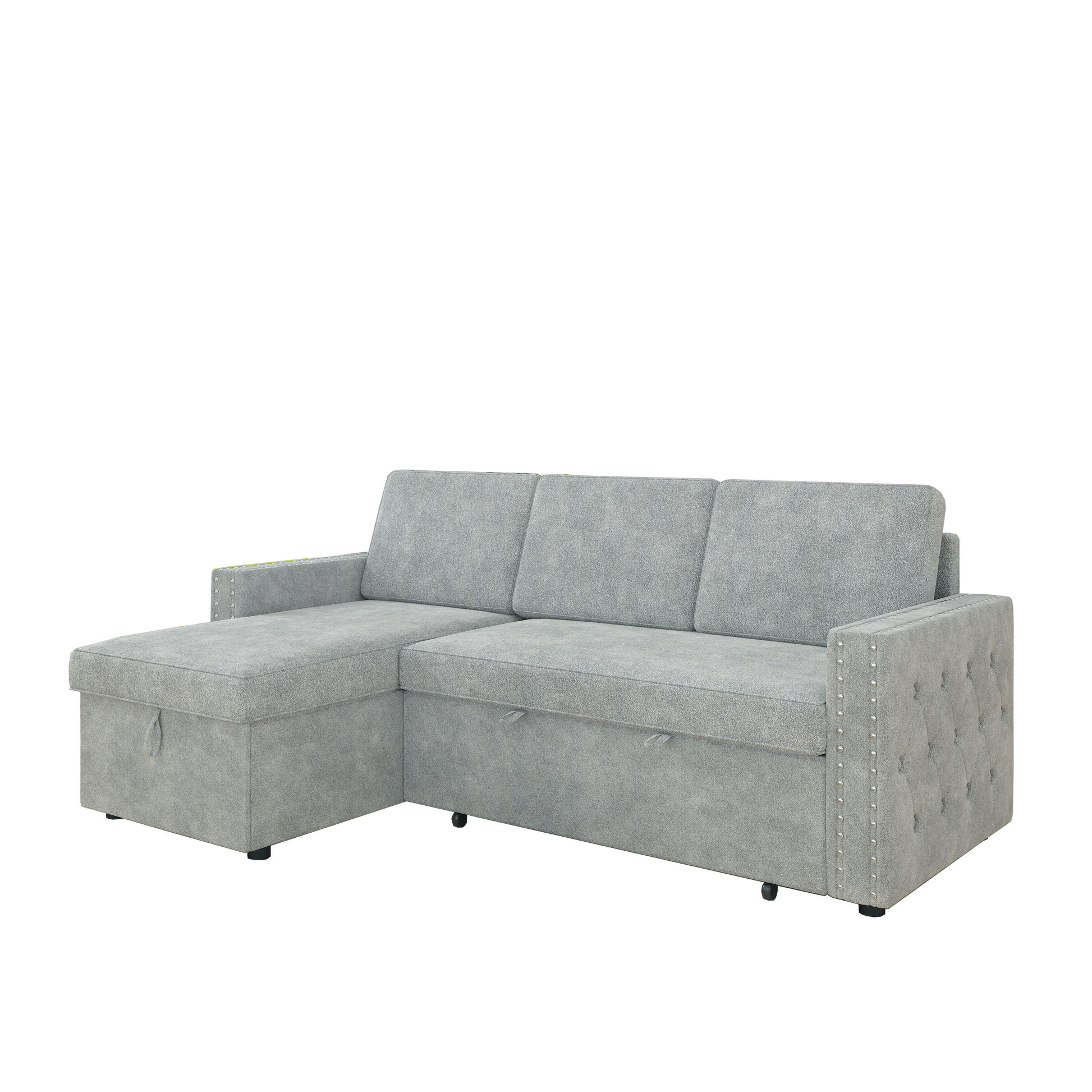 85 Inches Sofa Bed, 3 Seater Sleeper Sofa With Storage Chaise, Square Handrail With Pull And Copper Nail,Chenille Light Grey, Pull Out Couch For Living Room Light Grey Chenille 3 Seat