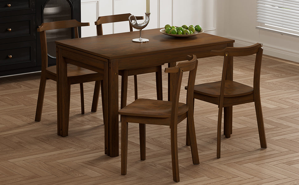 Farmhouse 65" 5 Piece Extendable Dining Table Set With Wheels Kitchen Table Set With 17.7" Pull Out Side Table And Dining Chairs For Small Places, Brown Wood Wood Brown Solid Back Wood Dining Room Solid Wood Rubberwood Rectangular Rectangular Dining