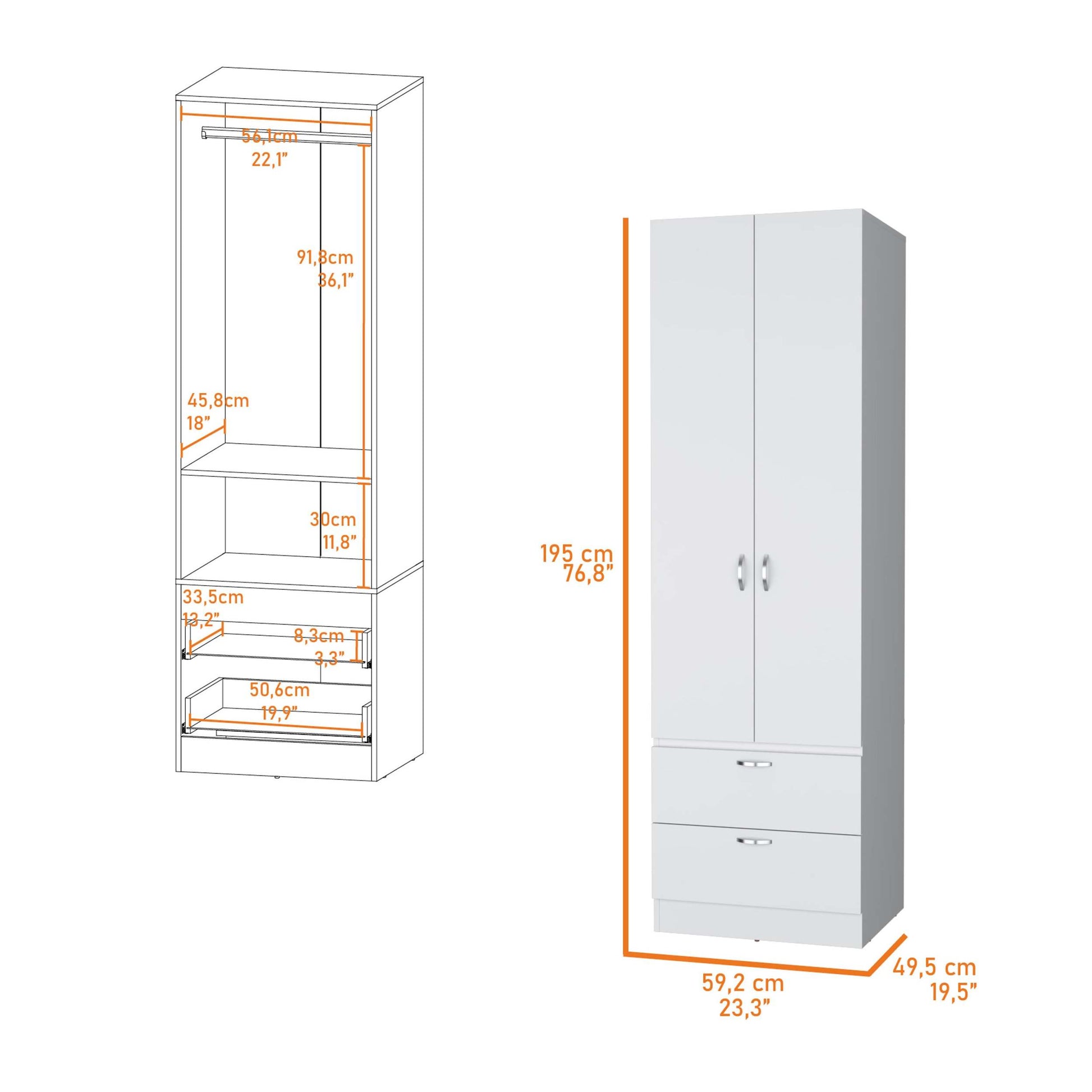 White 2 Door 2 Drawer Wardrobe White Bedroom Melamine