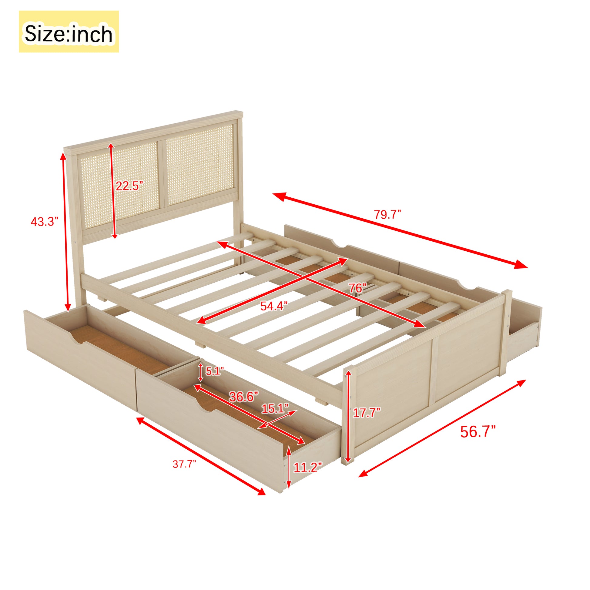 Full Size Wood Storage Platform Bed With 4 Drawers, Rattan Headboard, Nature Box Spring Not Required Full Antique Natural Wood Bedroom Bed Frame Wood Rattan