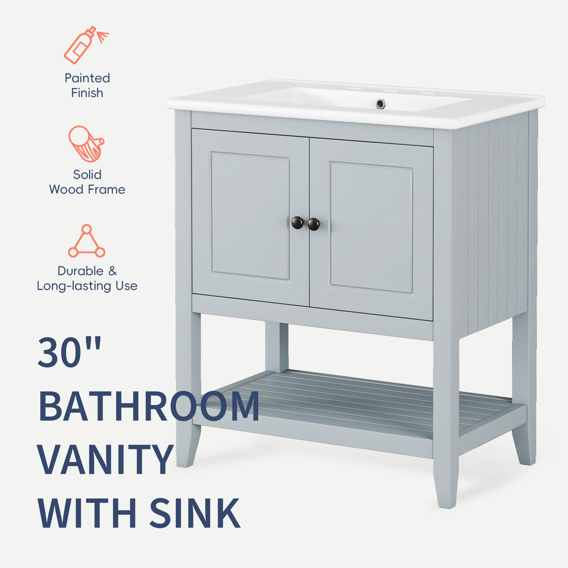 30" Gray Modern Sleek Bathroom Vanity Elegant Ceramic Sink With Solid Wood Frame Open Style Shelf & Door Shelf Design Gray Solid Wood