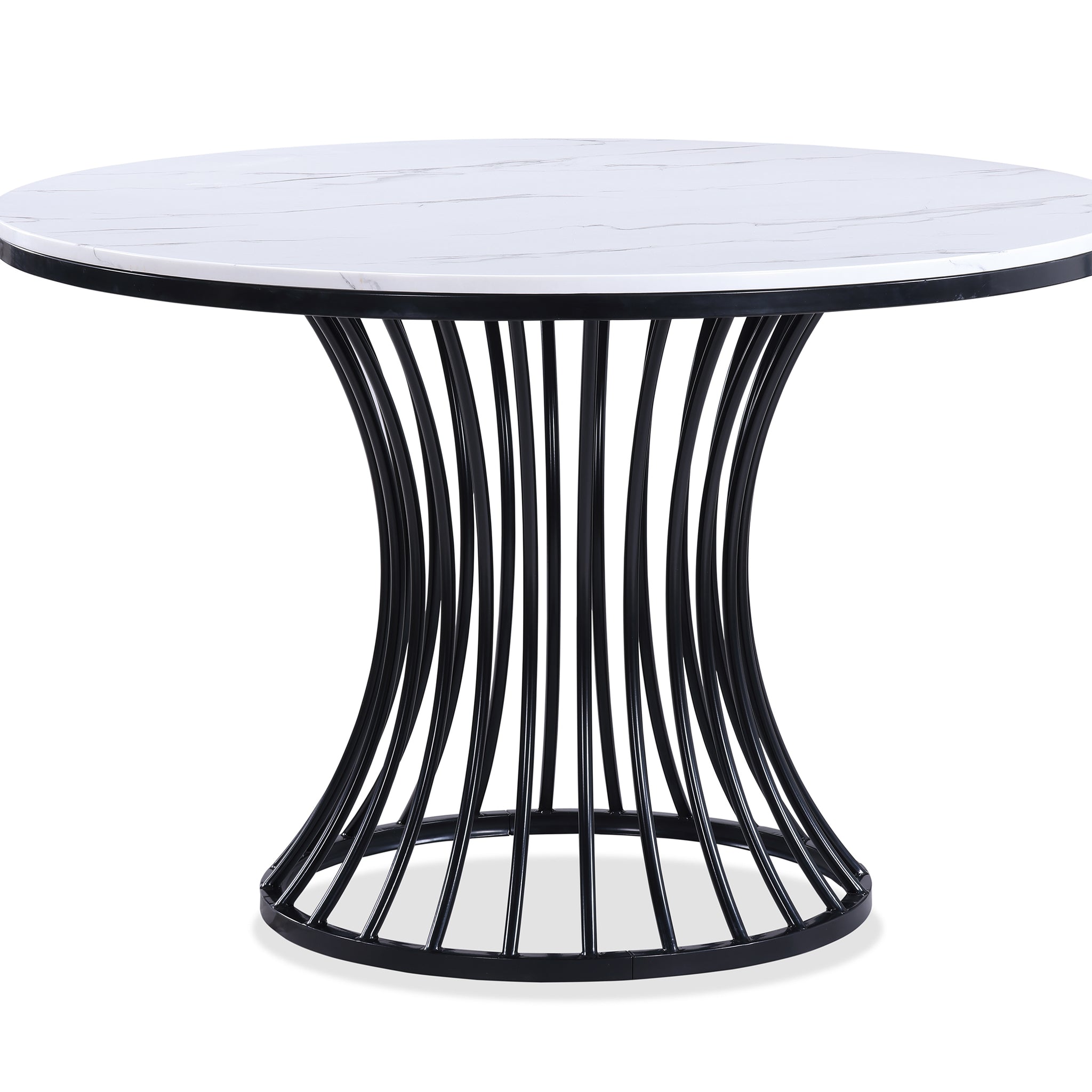 1Pc Unique White Faux Marble Round Table Cage Like Base Dining Wooden Furniture Black Finish Black White Seats 4 Dining Room Modern Round Round Faux Marble,Wood