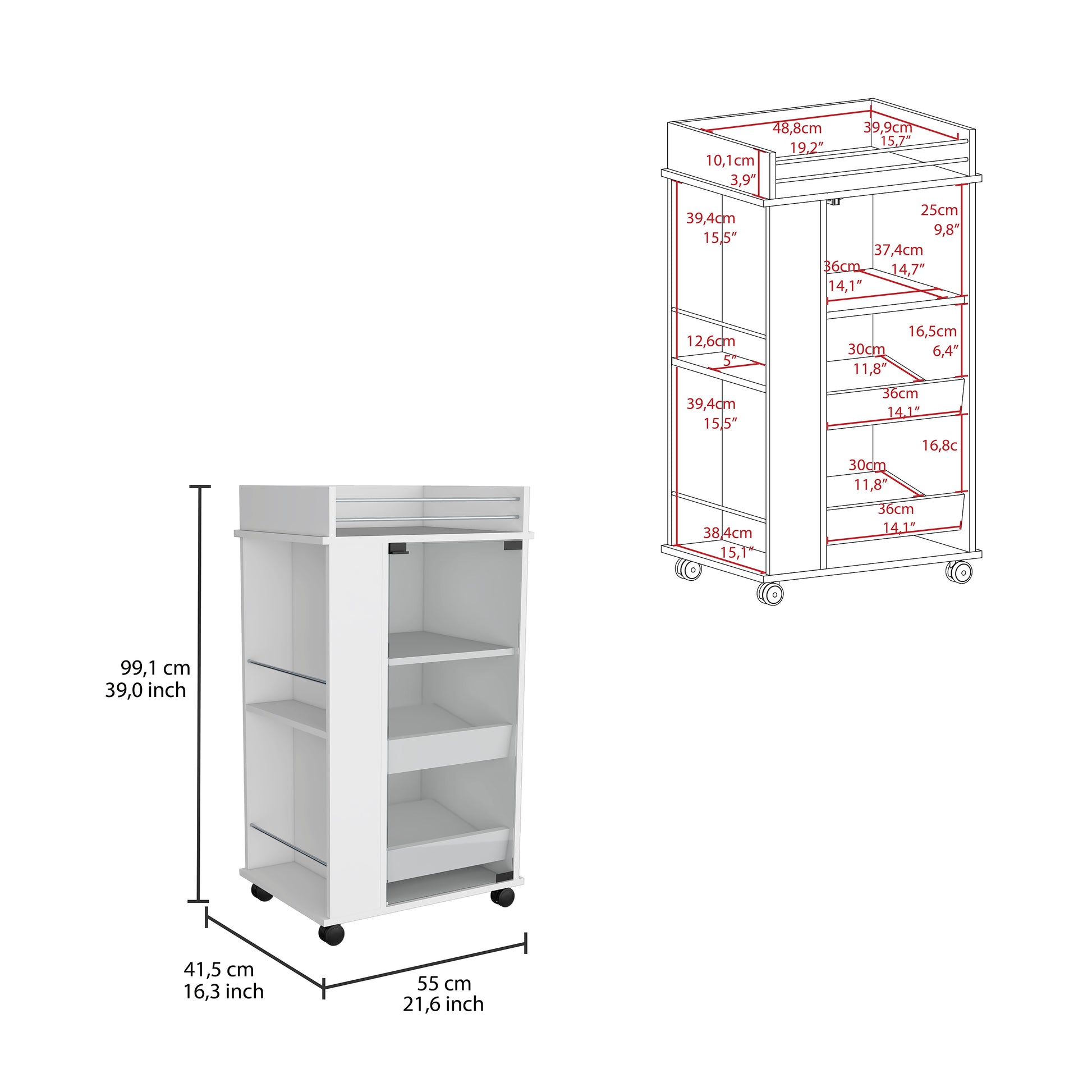 Baltimore Bar Cart With Casters, Glass Door And 2 Side Shelf White Primary Living Space Modern Particle Board Shelves Included Engineered Wood