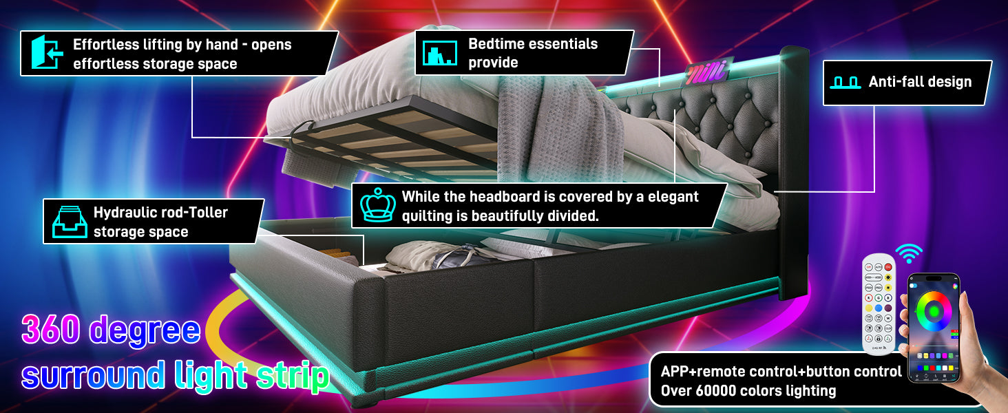 Full Size Upholstered Bed, 360 Surround Led Function, Buttons Apps Remote Control, Hydraulic Storage Bed With Usb Type C Charging, Black,Pu Without Mattress Full Black Pu