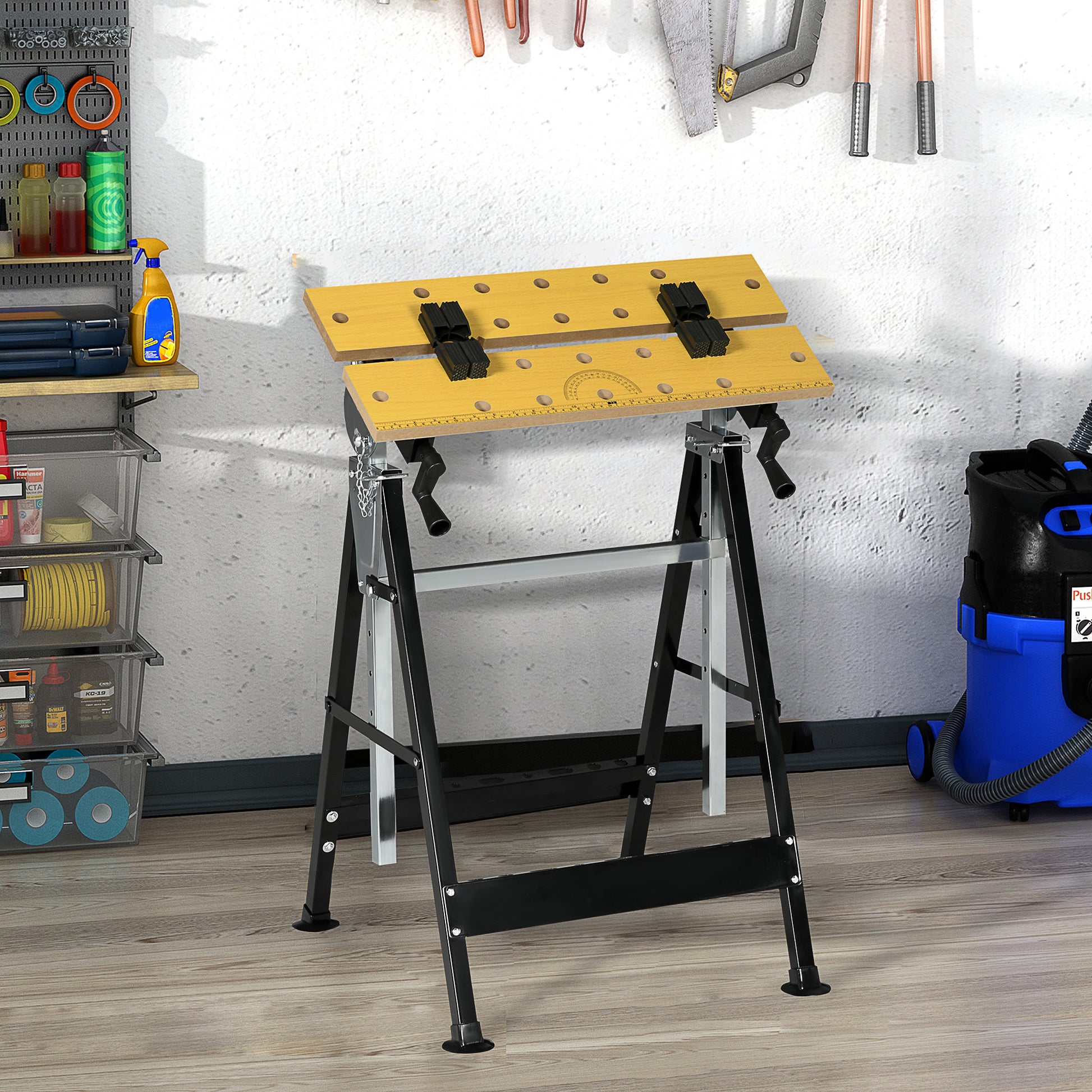 Homcom Work Bench Tool Stand With Adjustable Height And Angle, Carpenter Saw Table With 4 Clamps, Steel Frame, 220Lbs Capacity Natural Wood Mdf Iron