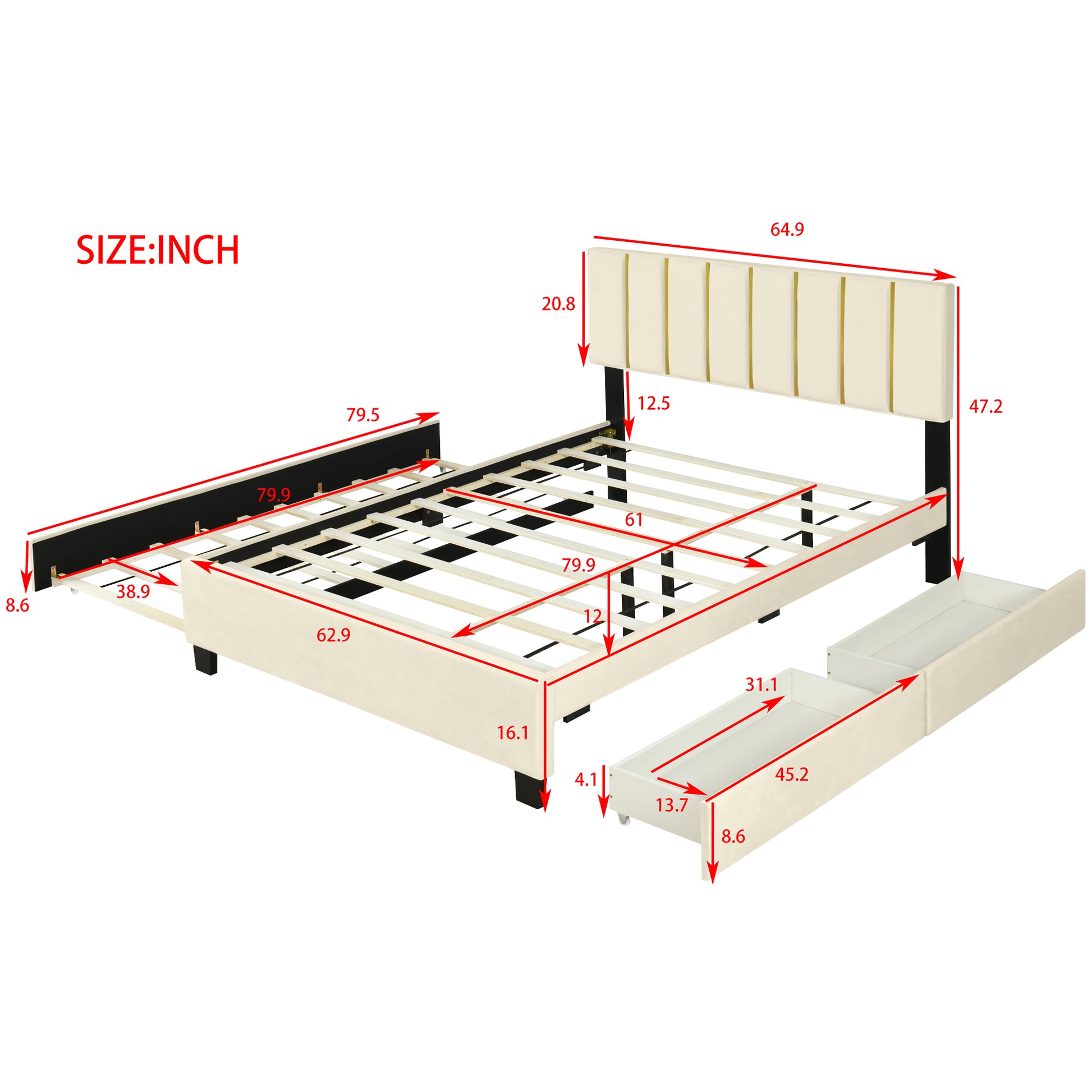 Queen Size Upholstered Platform Bed With 2 Drawers And 1 Trundle, Classic Metal Strip Headboard Design, Beige Queen Beige Mdf Lvl