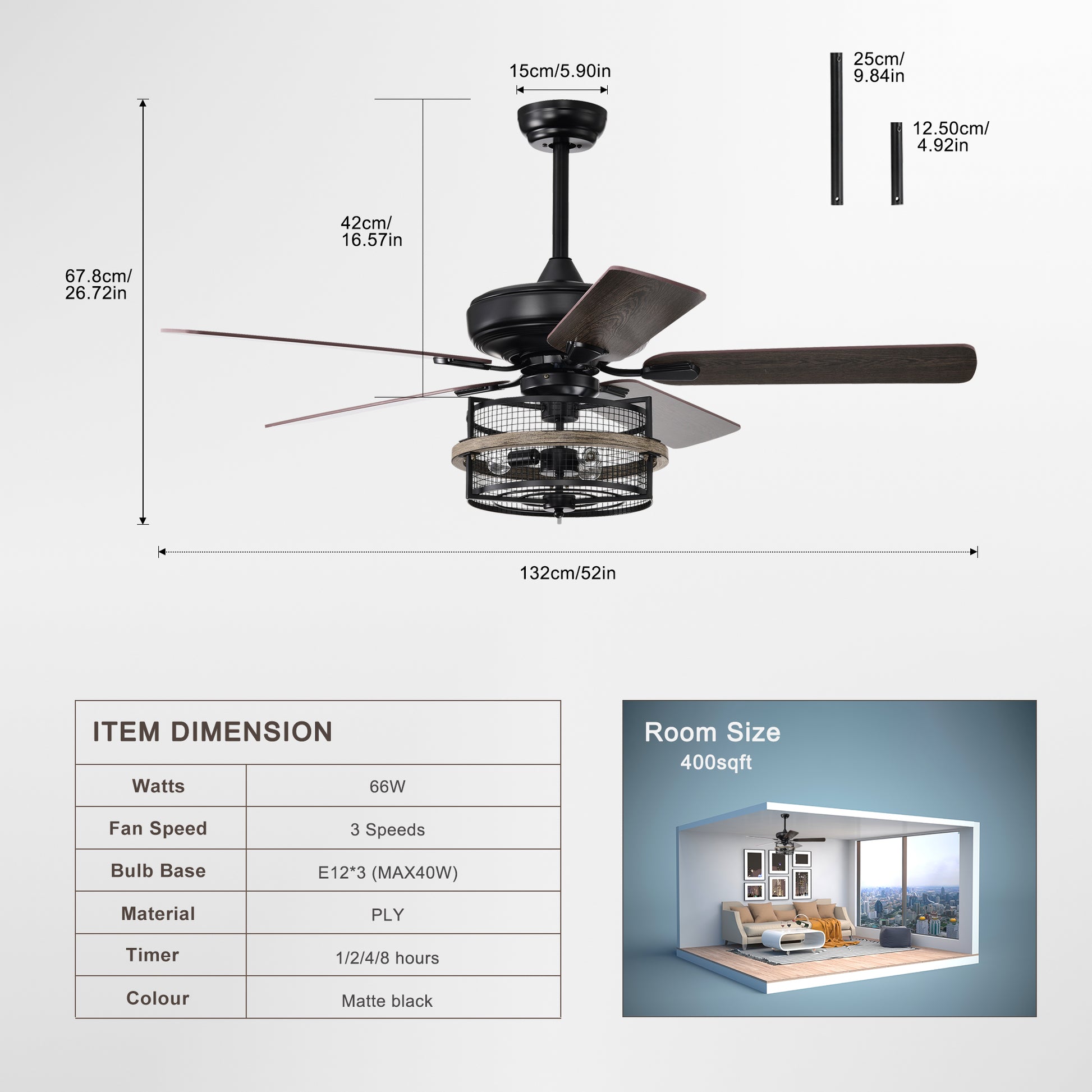 52 Inch Farmhouse Ceiling Fan With Remote,3 Lights Ceiling Fan With Light Fixture No Include Bulbs , Ceiling Fan For Patio,Living Room,Bedroom Black Matte Wood Grain Matt Black American Design,American Traditional,Traditional Plywood Iron