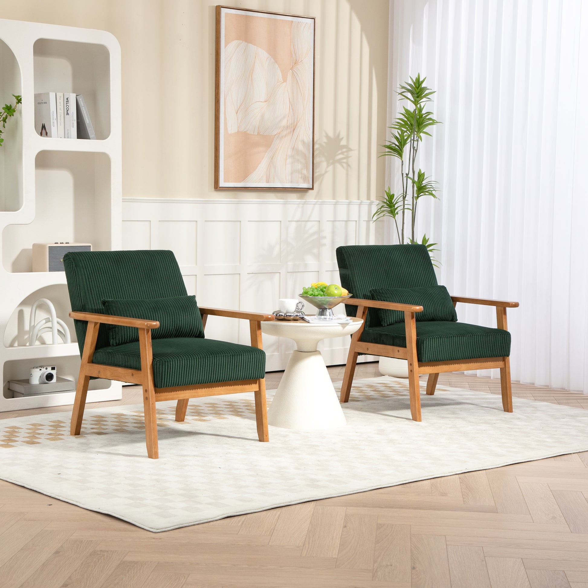 Leisure Chair With Solid Wood Armrest And Feet, Leisure Chair, Wood Frame, Velvet, Solid Rubber Wood Legs, Mid Century Modern Accent Chair, For Living Room Bedroom Studio Chair,Two Packs Emerald Corduroy