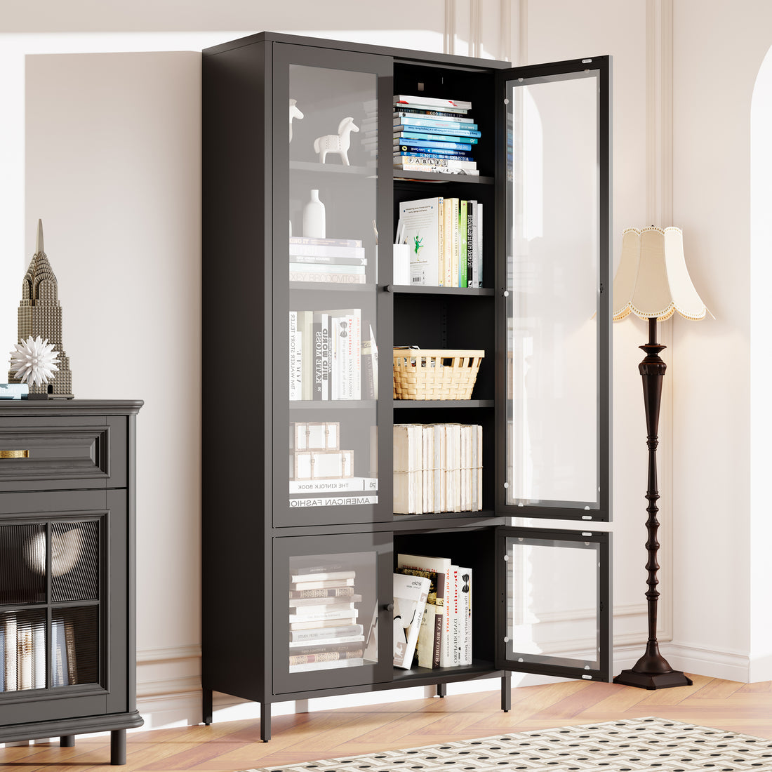 Large Metal Storage Cabinet Display Cabinet With 4 Glass Doors 5 Shelves Side Cabinet Bookcase Freestanding Cabinet For Bedroom Living Room Pantry Home Office Black, Reinforced Tempered Glass Freestanding 5 Or More Shelves Black Primary Living Space