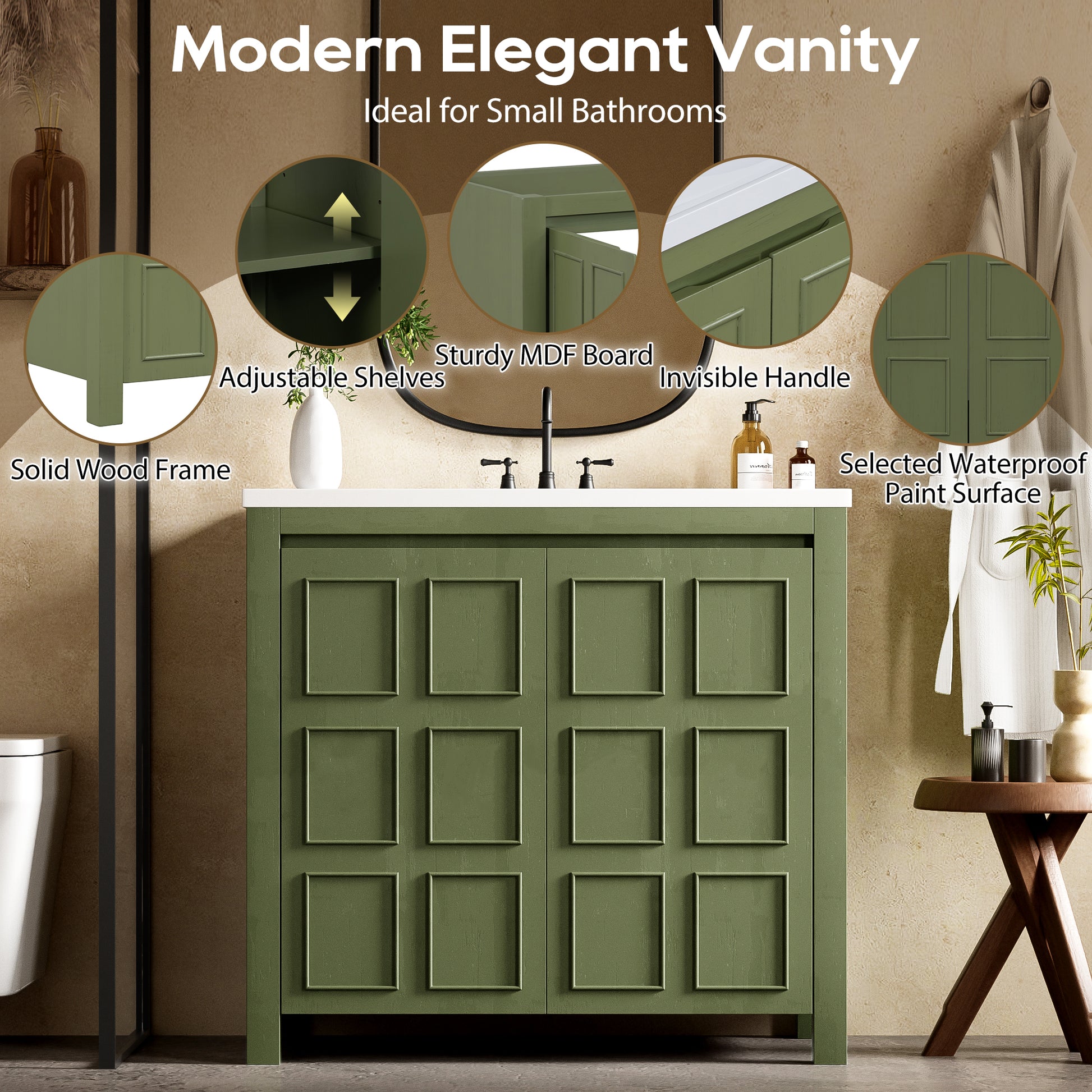 36" Bathroom Vanity Organizer With Sink, Combo Cabinet Set, Bathroom Storage Cabinet, Olive Green Olive Green Bathroom Solid Wood Mdf Resin