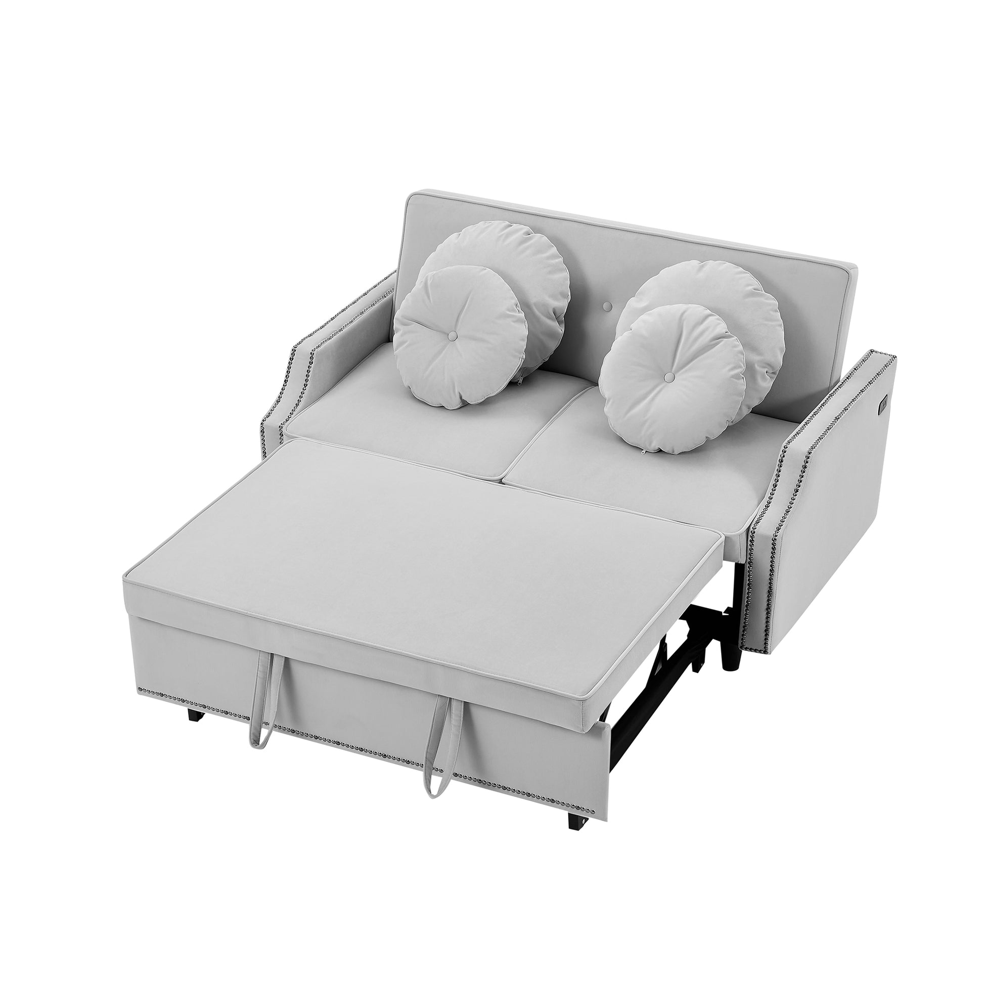 54.7" Multiple Adjustable Positions Sofa Bed Stylish Sofa Bed With A Button Tufted Backrest, Two Usb Ports And Four Floral Lumbar Pillows For Living Room, Bedroom,Or Small Space, Light Grey Light Grey Foam Polyester 2 Seat