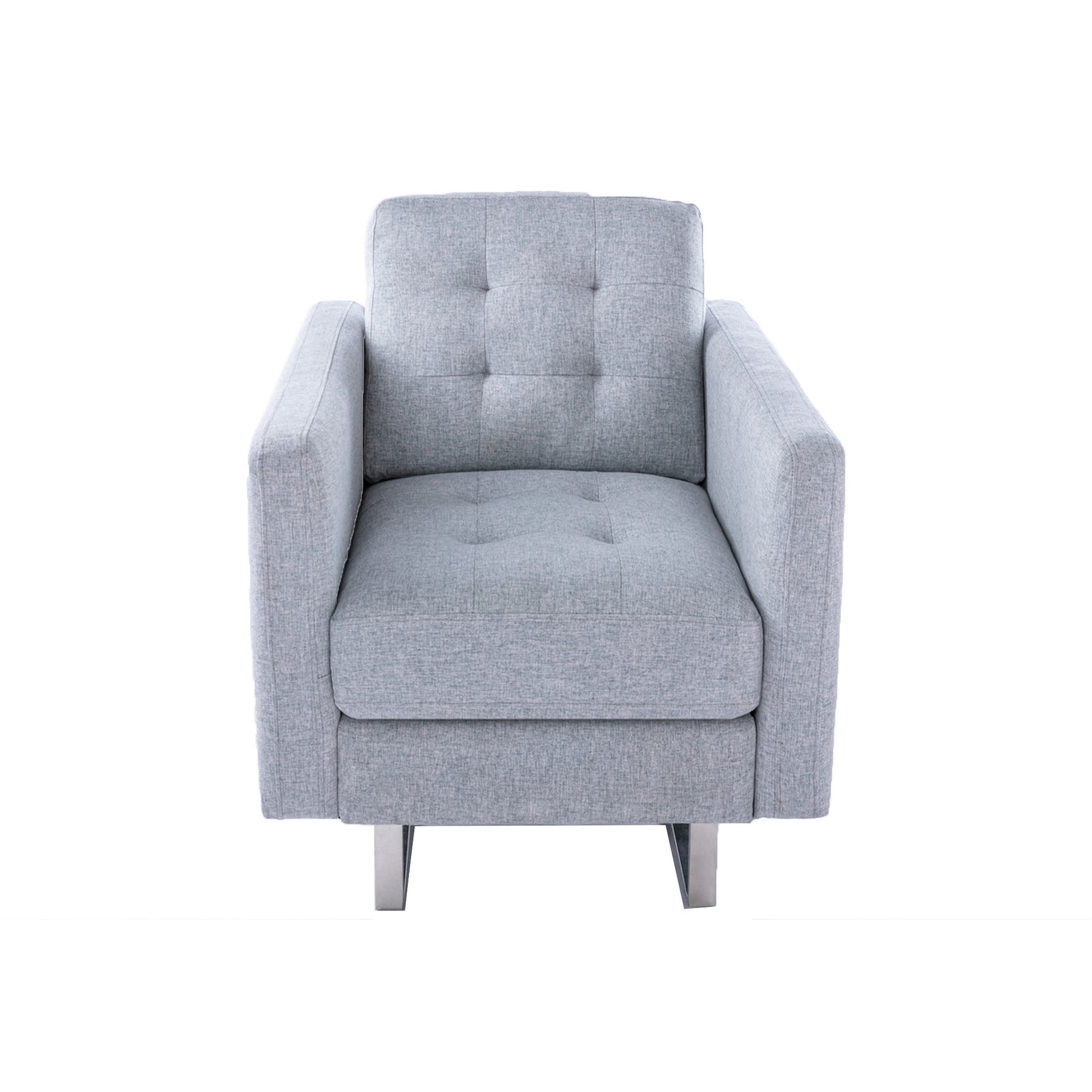 Lewa 34 Inch Modern Accent Armchair, Silver Metal Legs, Tufted, Light Gray Gray Silver Wood Fabric