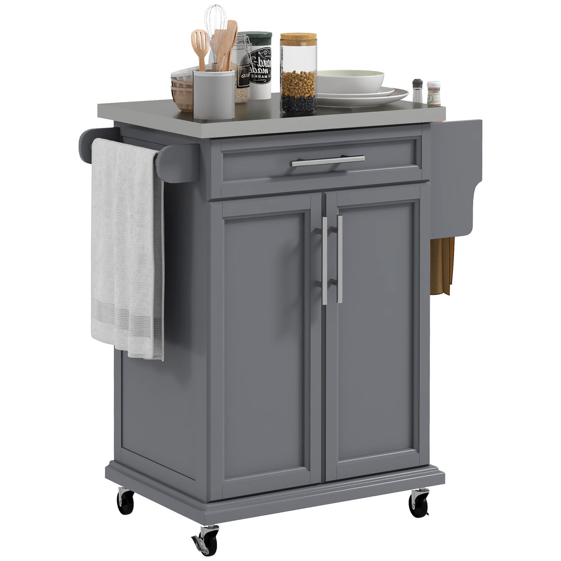 Homcom Kitchen Island On Wheels, Rolling Kitchen Cart With Stainless Steel Countertop, Drawer, Towel Rack And Spice Rack, Utility Storage Trolley, Gray Grey Wood