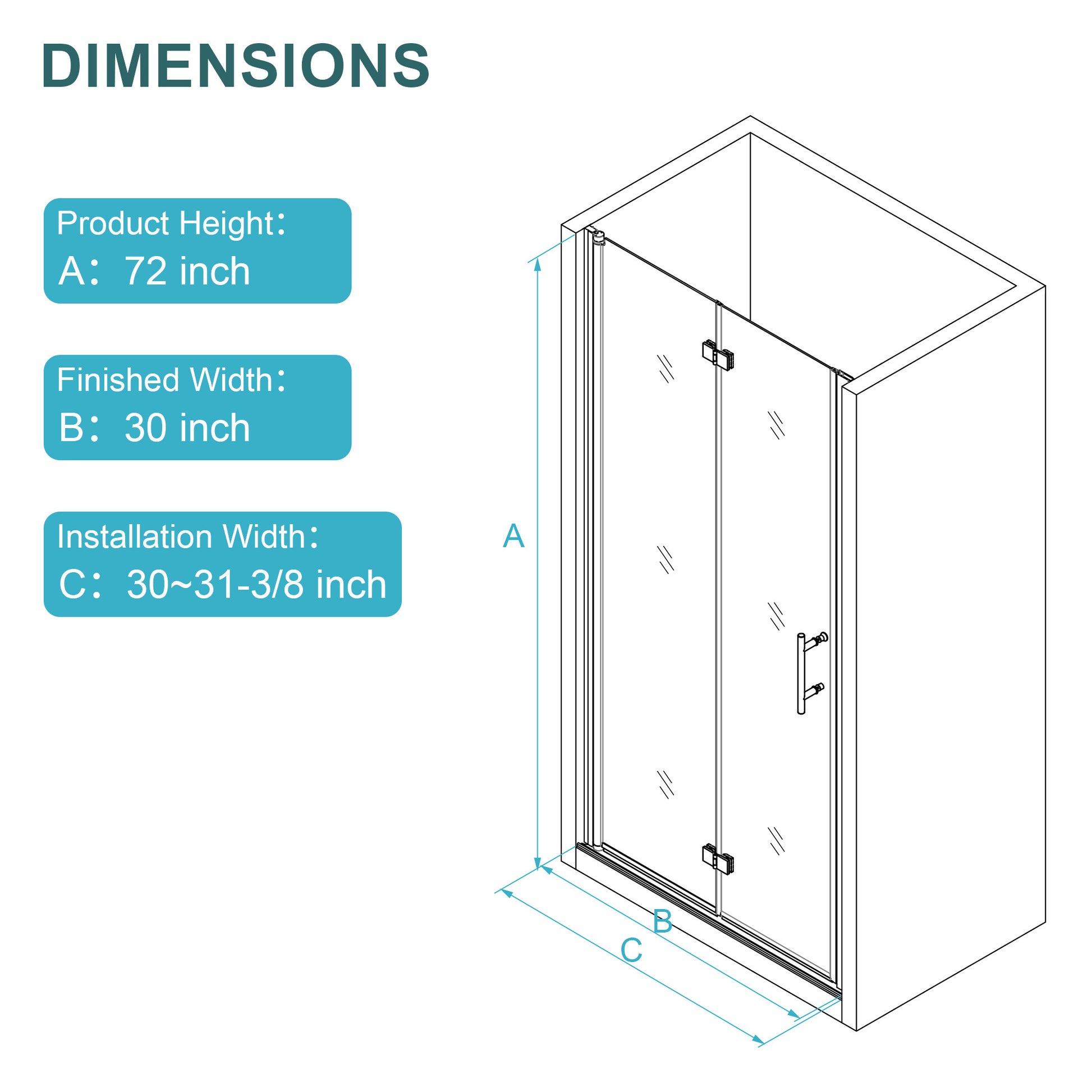 30"W X 72"H Fold Frameless Shower Door With Tempered Glass, Matte Black Matte Black Glass