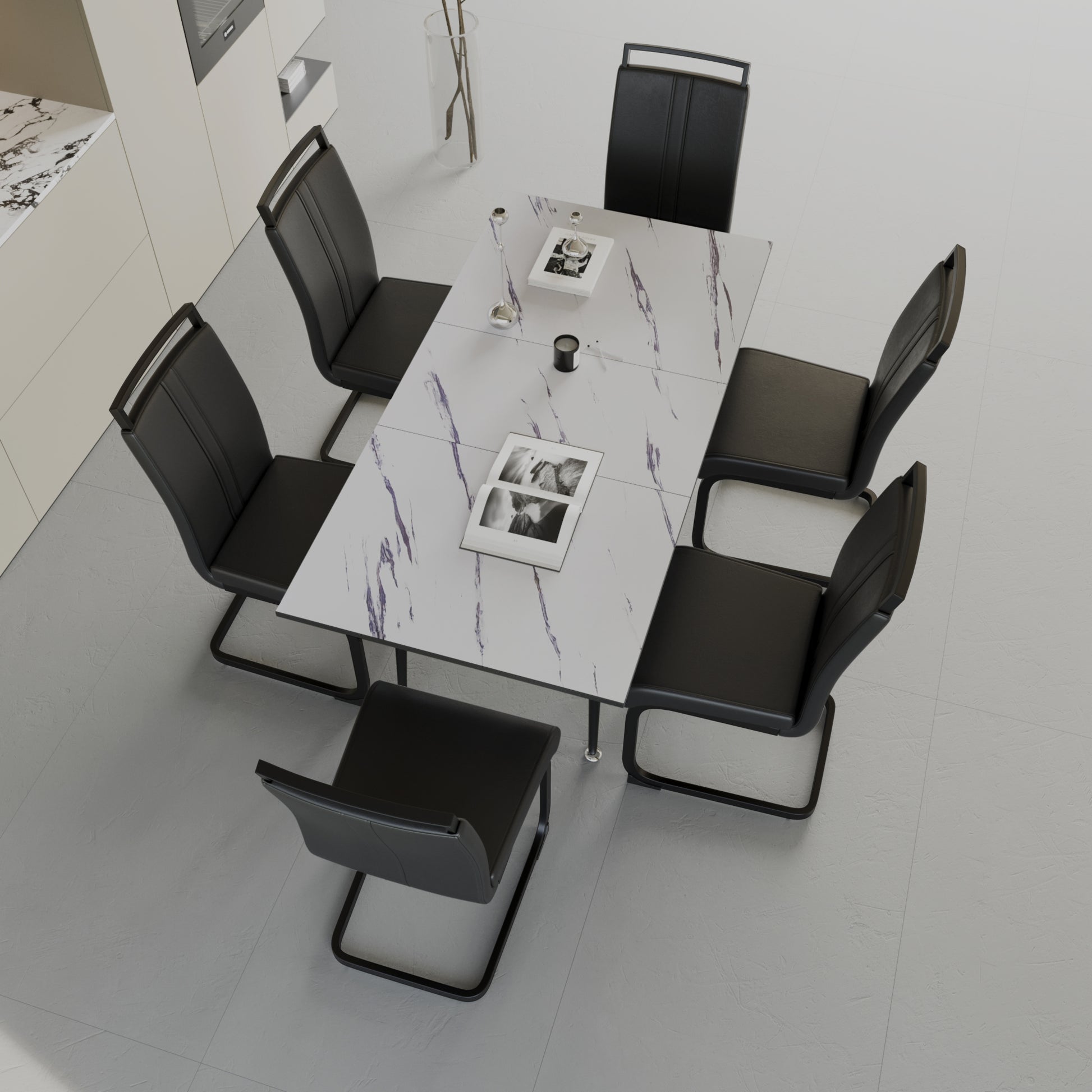 An Expandable Dining Table Set For 2 6 People, Equipped With A C Shaped Tubular Cushioned Armless Dining Chair And An Elegant And Spacious Dining Table Kitchen Table And Chair Set, With Metal Legs Black White Mdf