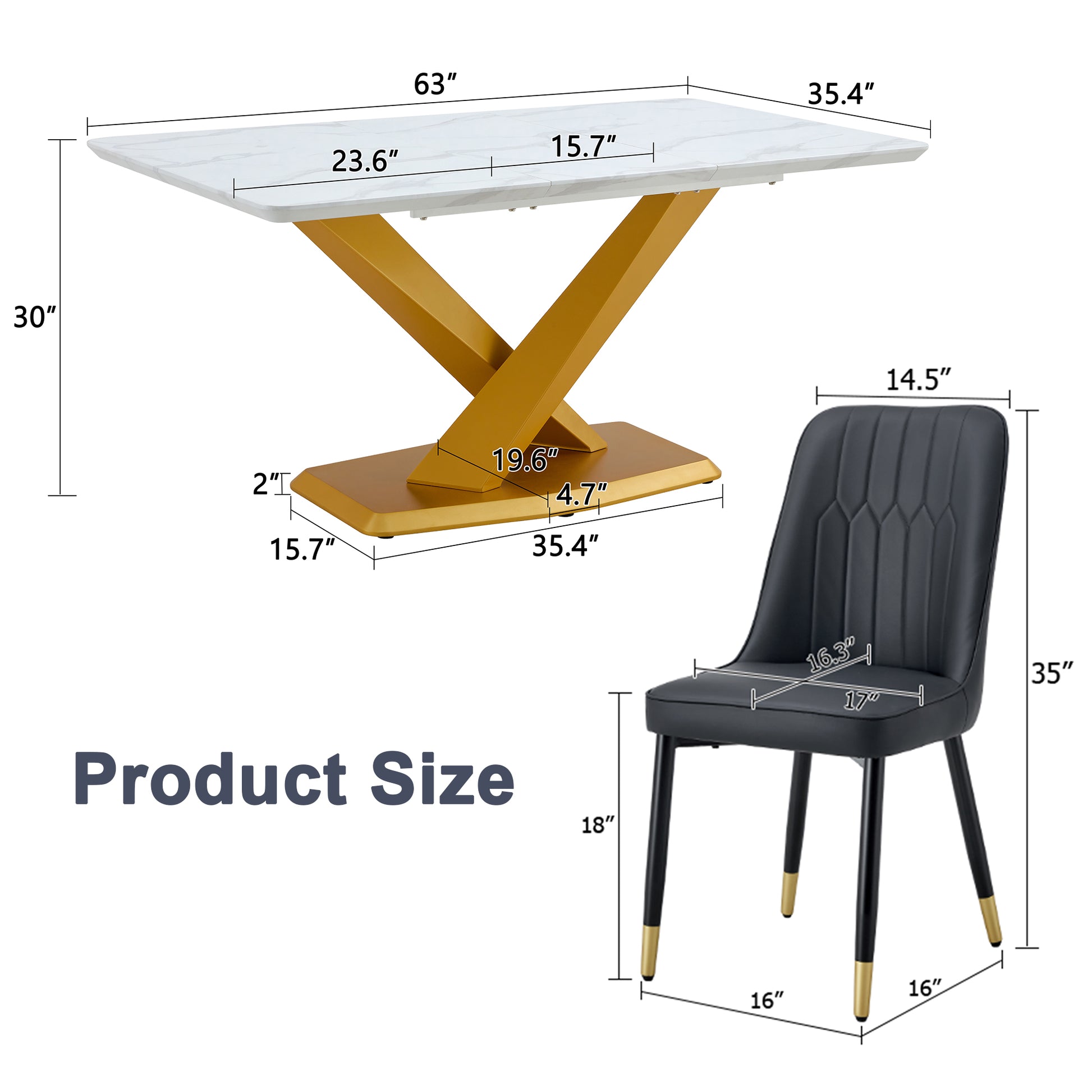 Table And Chair Set.The Table Is Equipped With A Marble Patterned Mdf Tabletop And Gold Table Legs.Paired With 6 Black Chairs With Pu Cushions And Black Metal Legs. Black Gold Seats 6 Mdf Metal