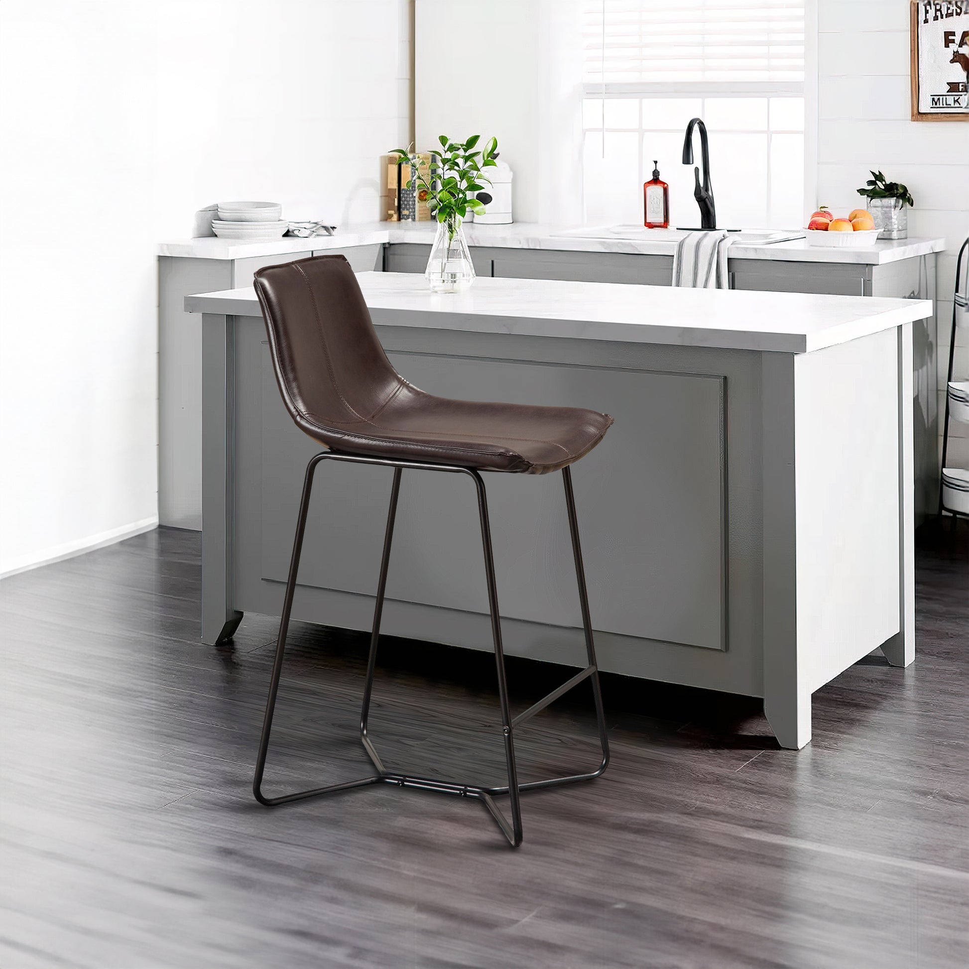 26 Inch Set Of 2 Counter Stool Chairs, Padded Dark Brown Faux Leather Black Brown Fabric Metal